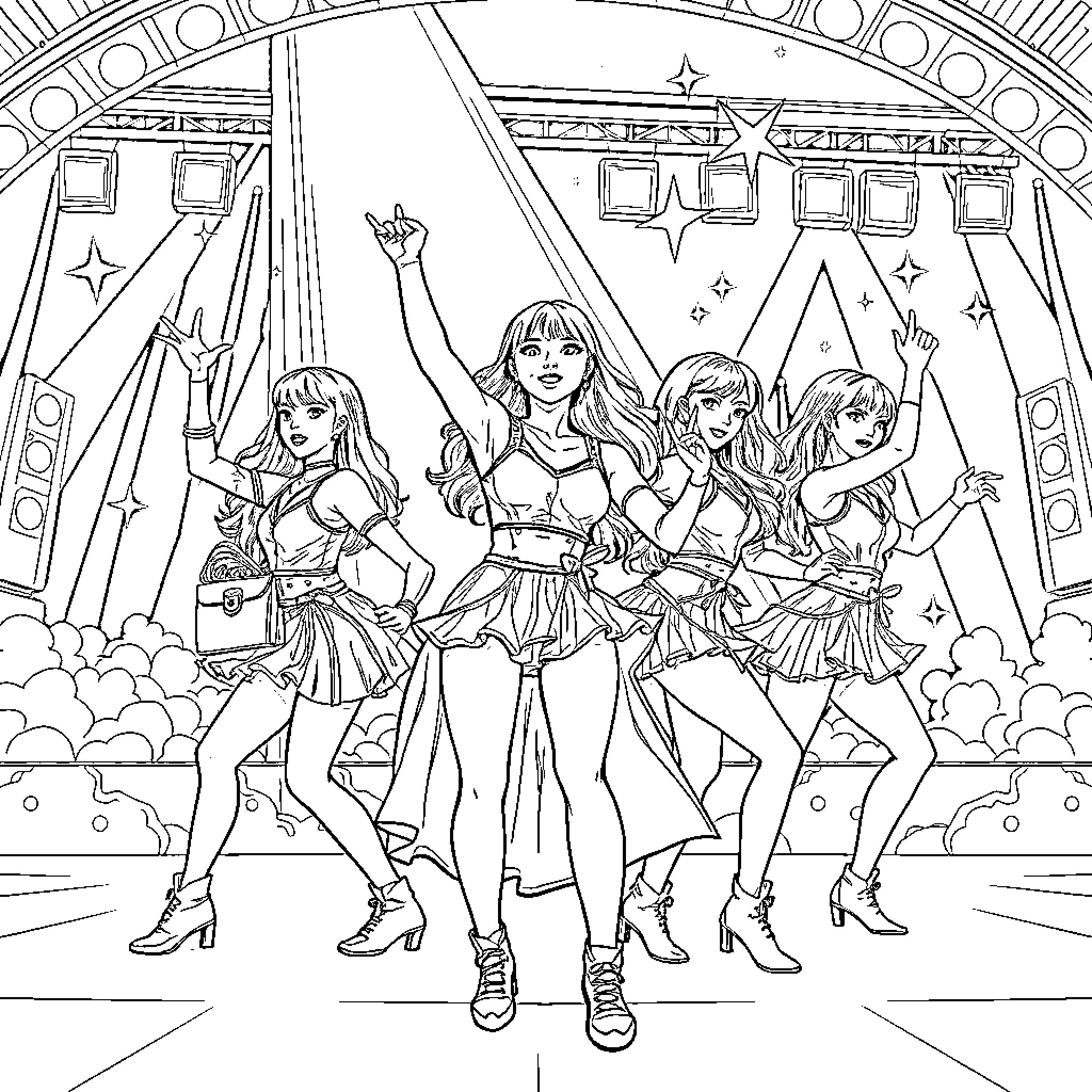 Kpop Warriors Shine on Stage with Energetic Performances Coloring Page (free black-and-white line drawing printable PDF for all, from beginners to advanced learners, including children, teens, adults, and seniors)
