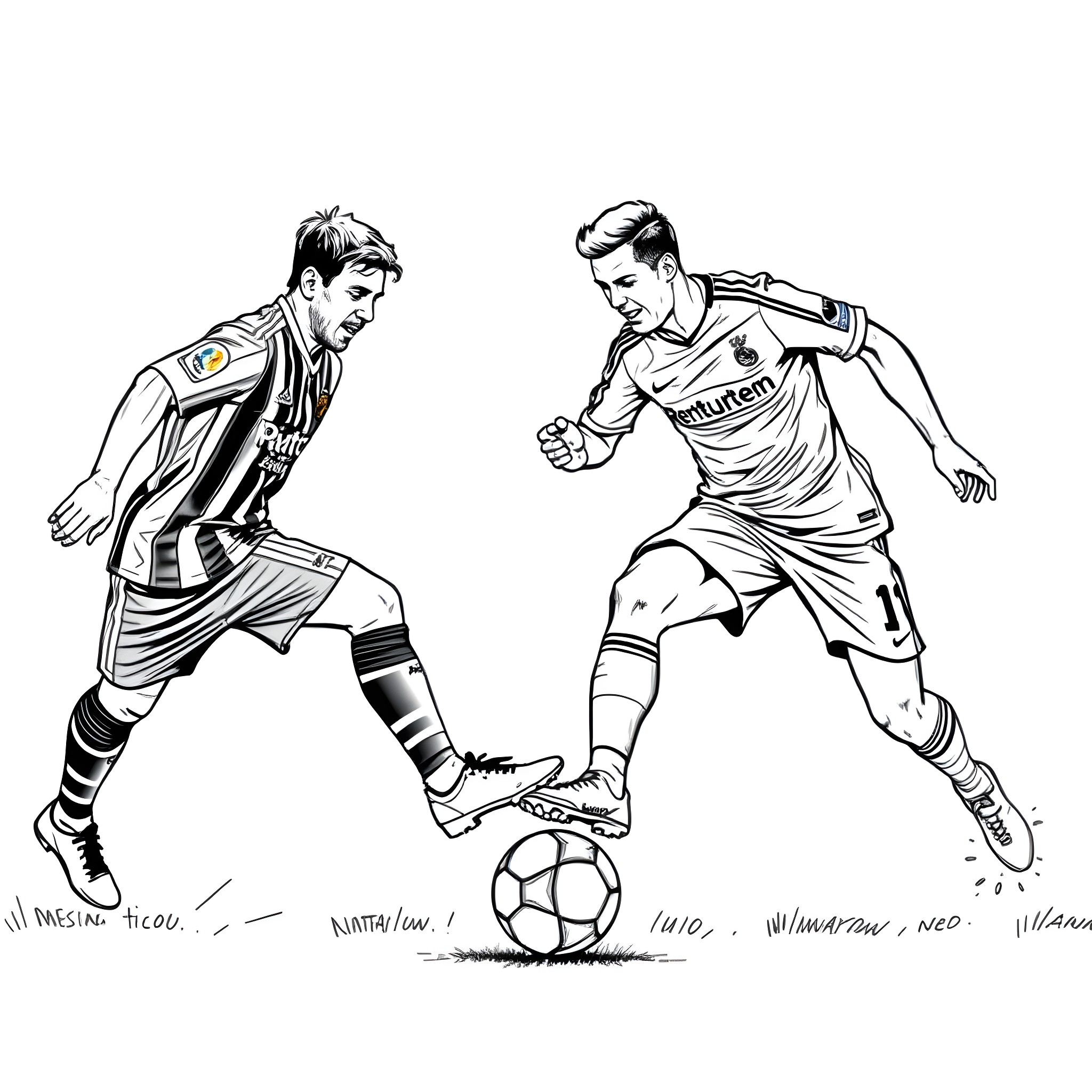 Messi Ronaldo Dribbling Showdown Coloring Page (free black-and-white line drawing printable PDF for all, from beginners to advanced learners, including children, teens, adults, and seniors)