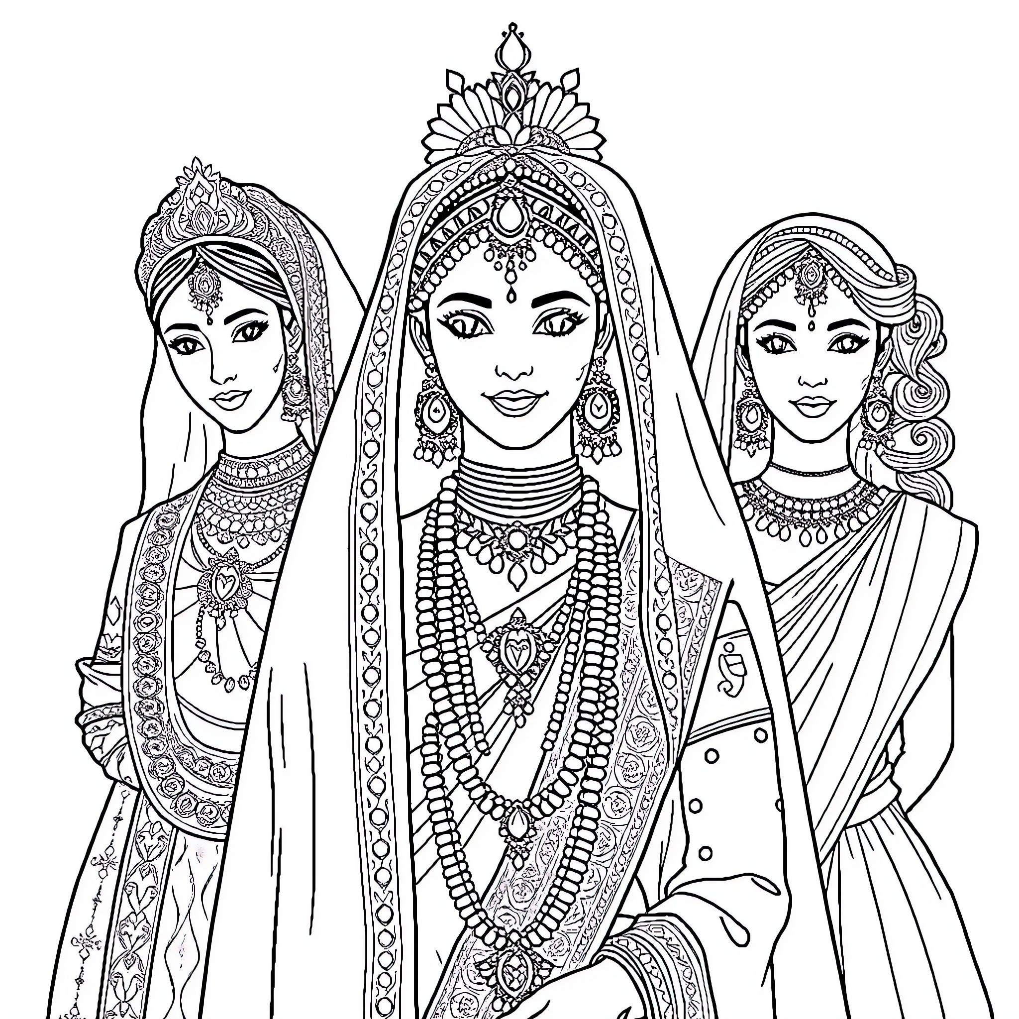 Brides in Ornate Traditional Attire Coloring Page (free black-and-white line drawing printable PDF for all, from beginners to advanced learners, including children, teens, adults, and seniors)
