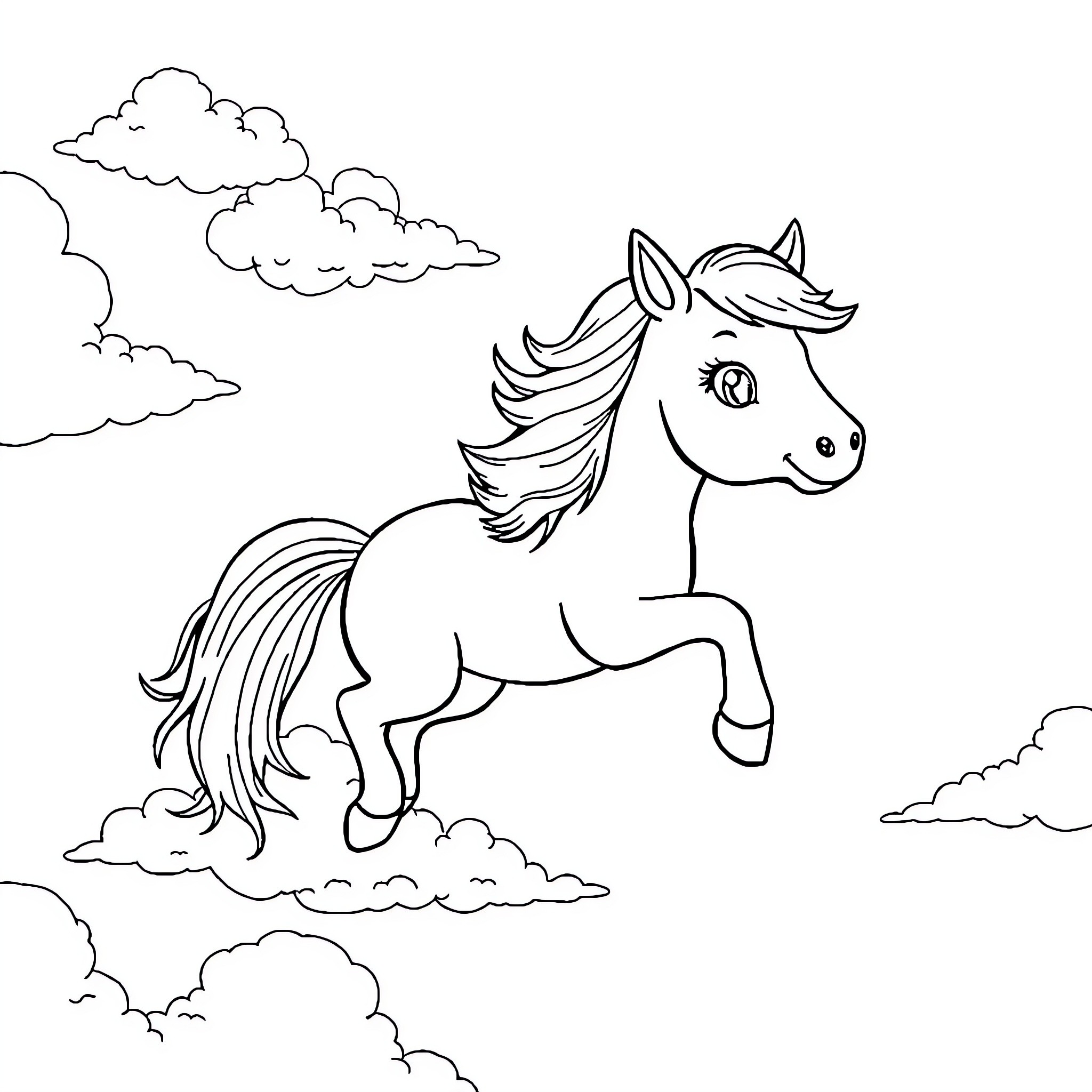 Pony galloping through the clouds Coloring Page (free black-and-white line drawing printable PDF for all, from beginners to advanced learners, including children, teens, adults, and seniors)
