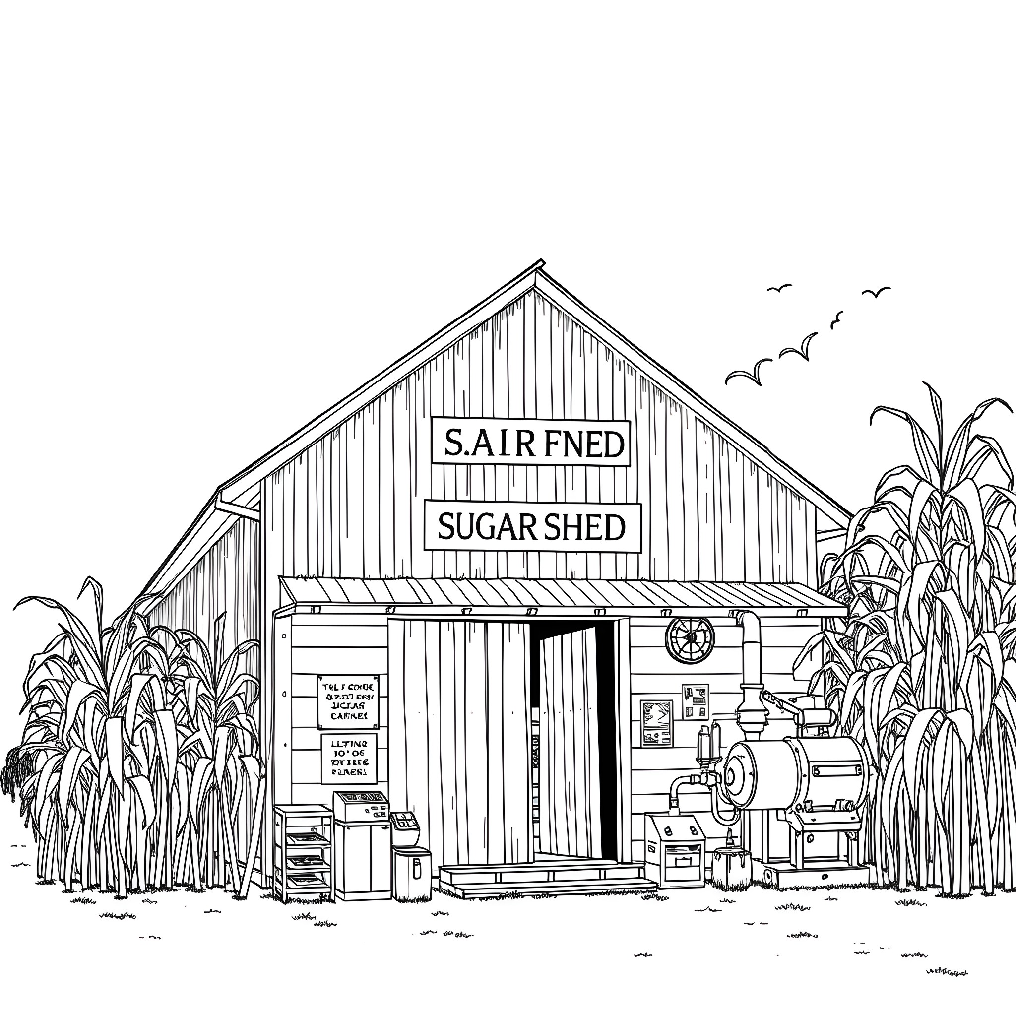 Shed with Signage and Farming Equipment Coloring Page (free black-and-white line drawing printable PDF for all, from beginners to advanced learners, including children, teens, adults, and seniors)