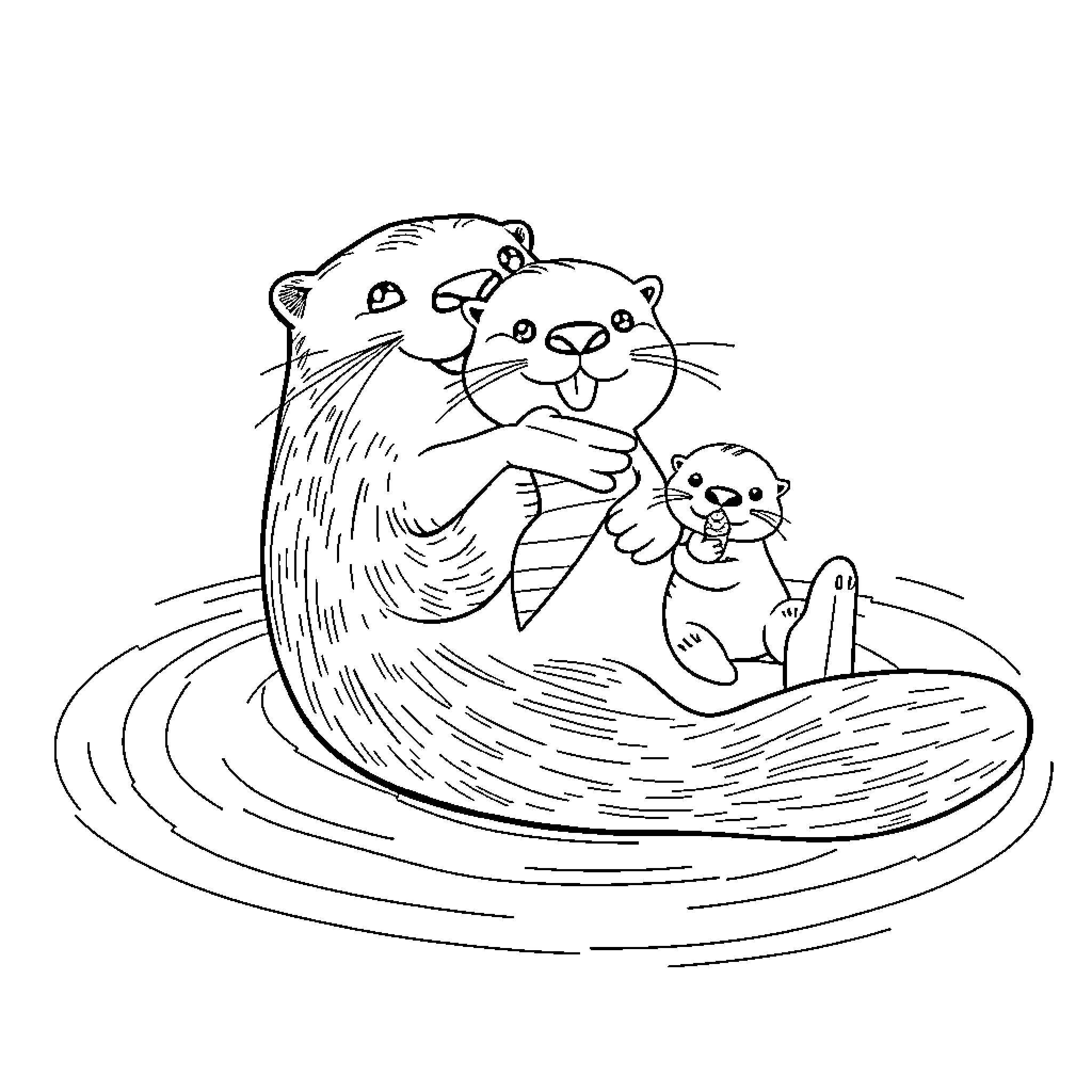 Otter family relaxing together in water Coloring Page (free black-and-white line drawing printable PDF for all, from beginners to advanced learners, including children, teens, adults, and seniors)