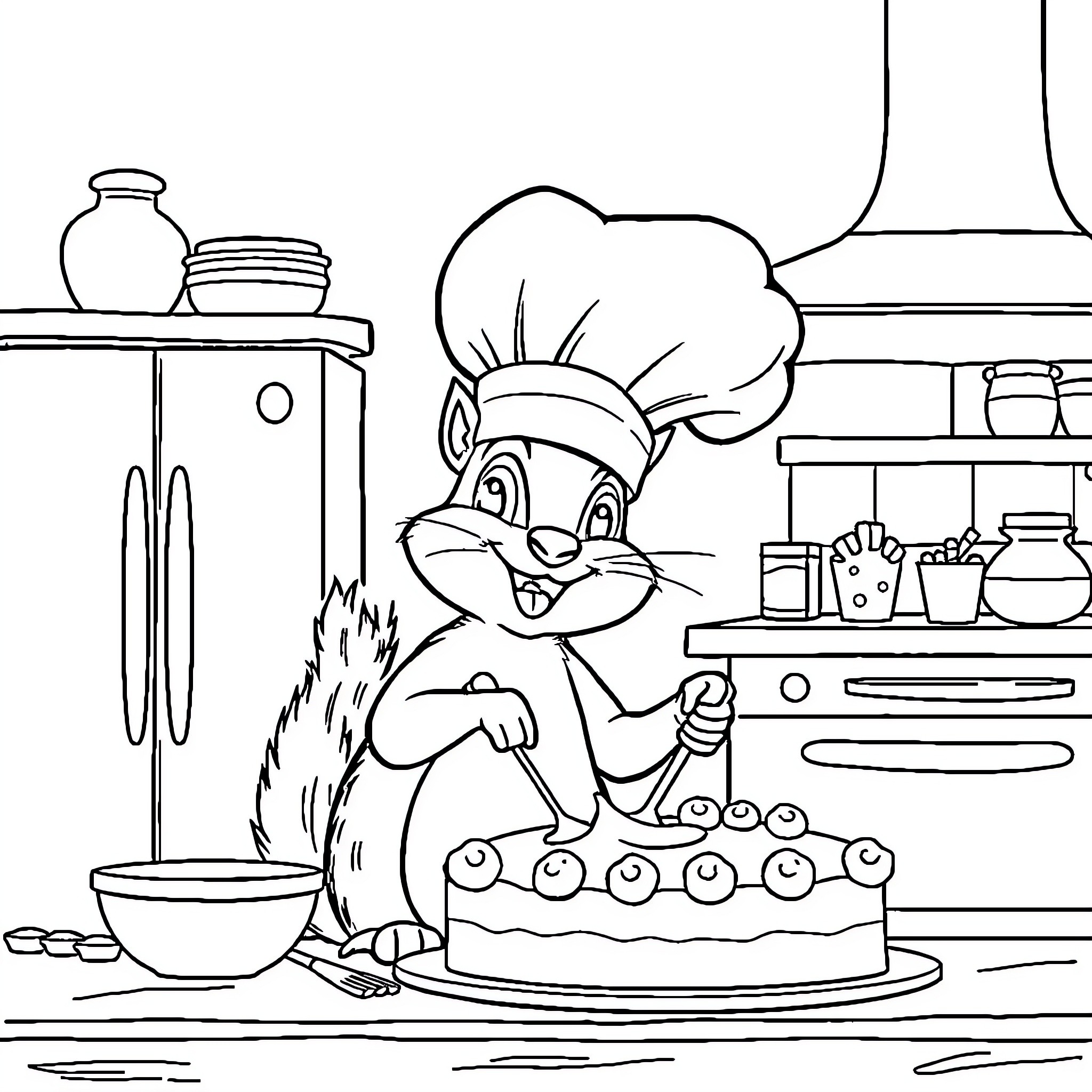Squirrel chef baking in the kitchen Coloring Page (free black-and-white line drawing printable PDF for all, from beginners to advanced learners, including children, teens, adults, and seniors)