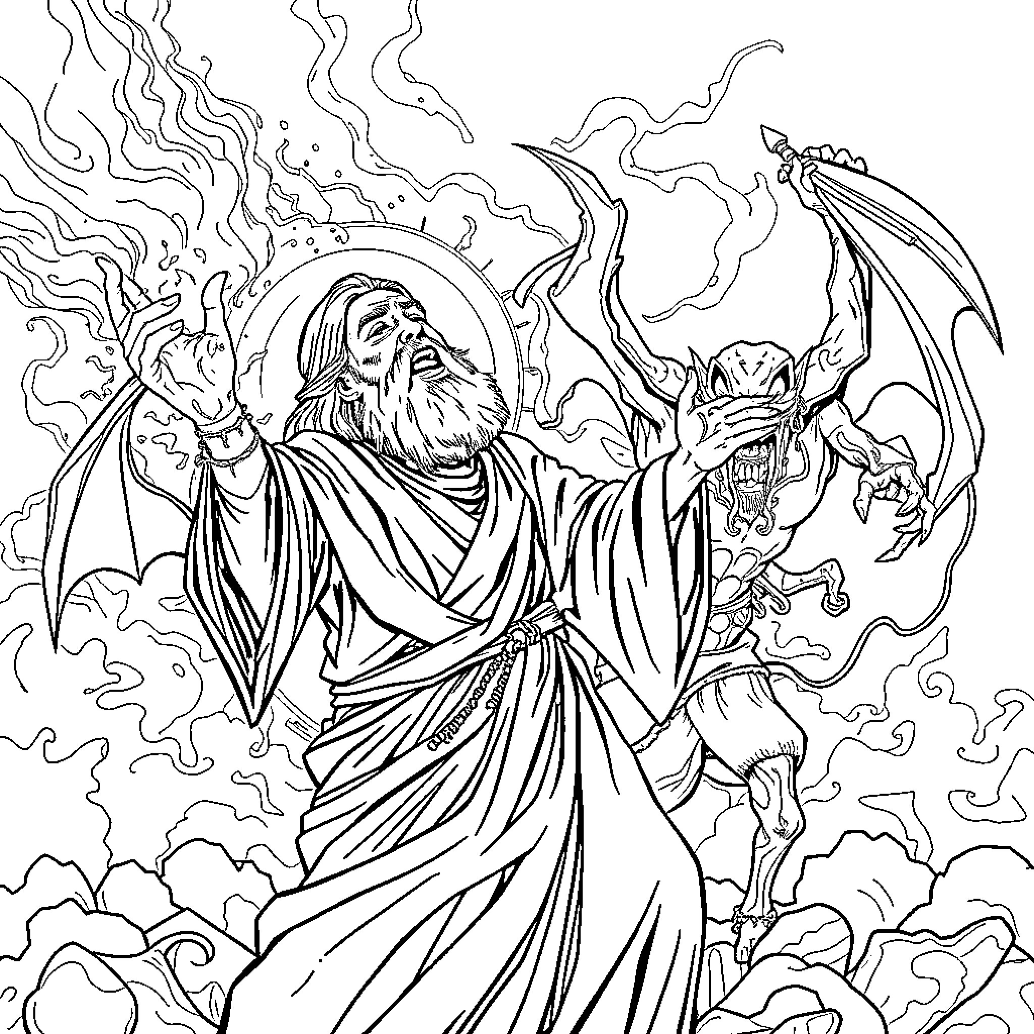 Rumi's Mystical Encounter with the Demonic Creature Coloring Page (free black-and-white line drawing printable PDF for all, from beginners to advanced learners, including children, teens, adults, and seniors)