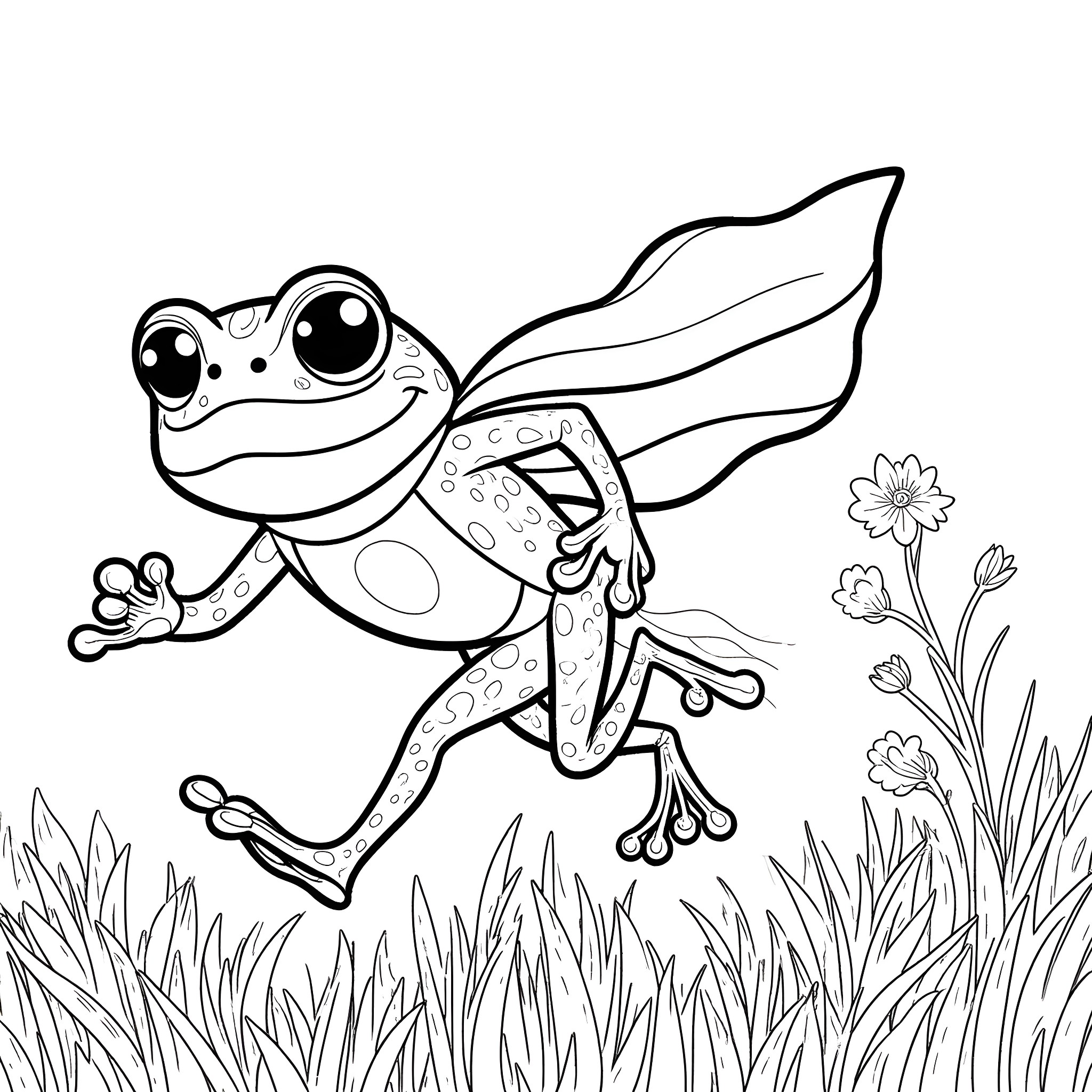 Superhero Frog Leaping Joyfully Through Meadow Coloring Page (free black-and-white line drawing printable PDF for all, from beginners to advanced learners, including children, teens, adults, and seniors)