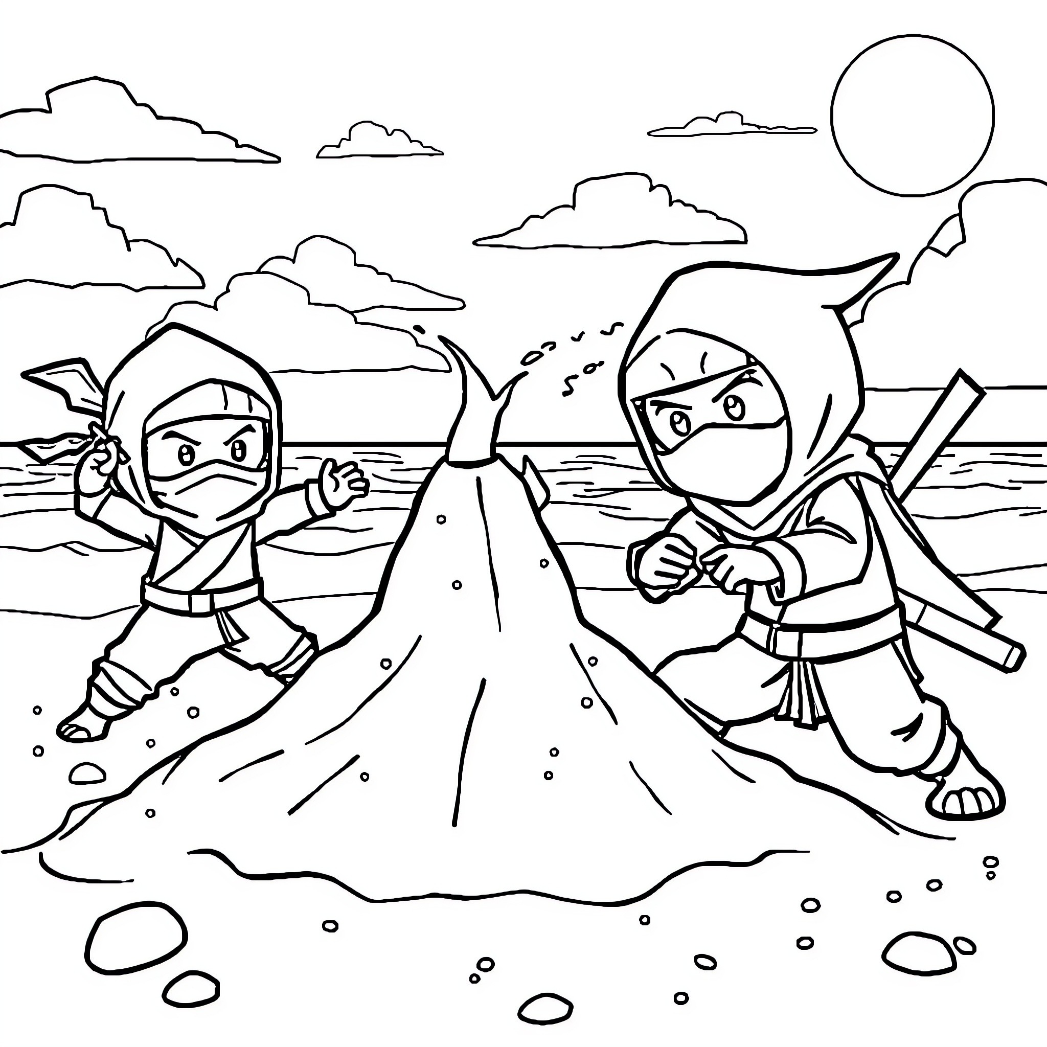 Ninja warriors training on the beach Coloring Page (free black-and-white line drawing printable PDF for all, from beginners to advanced learners, including children, teens, adults, and seniors)