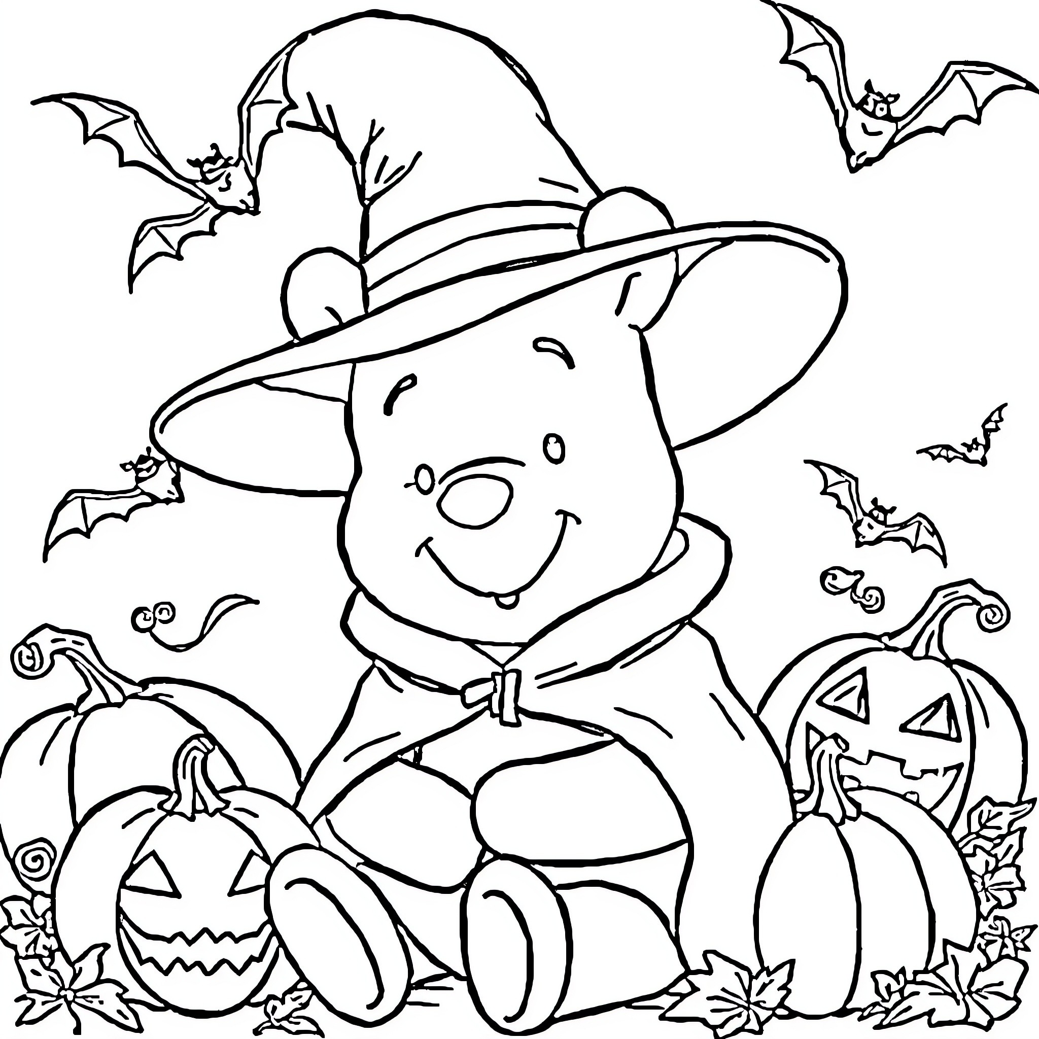Winnie The Pooh enjoying a spooky Halloween celebration Coloring Page (free black-and-white line drawing printable PDF for all, from beginners to advanced learners, including children, teens, adults, and seniors)