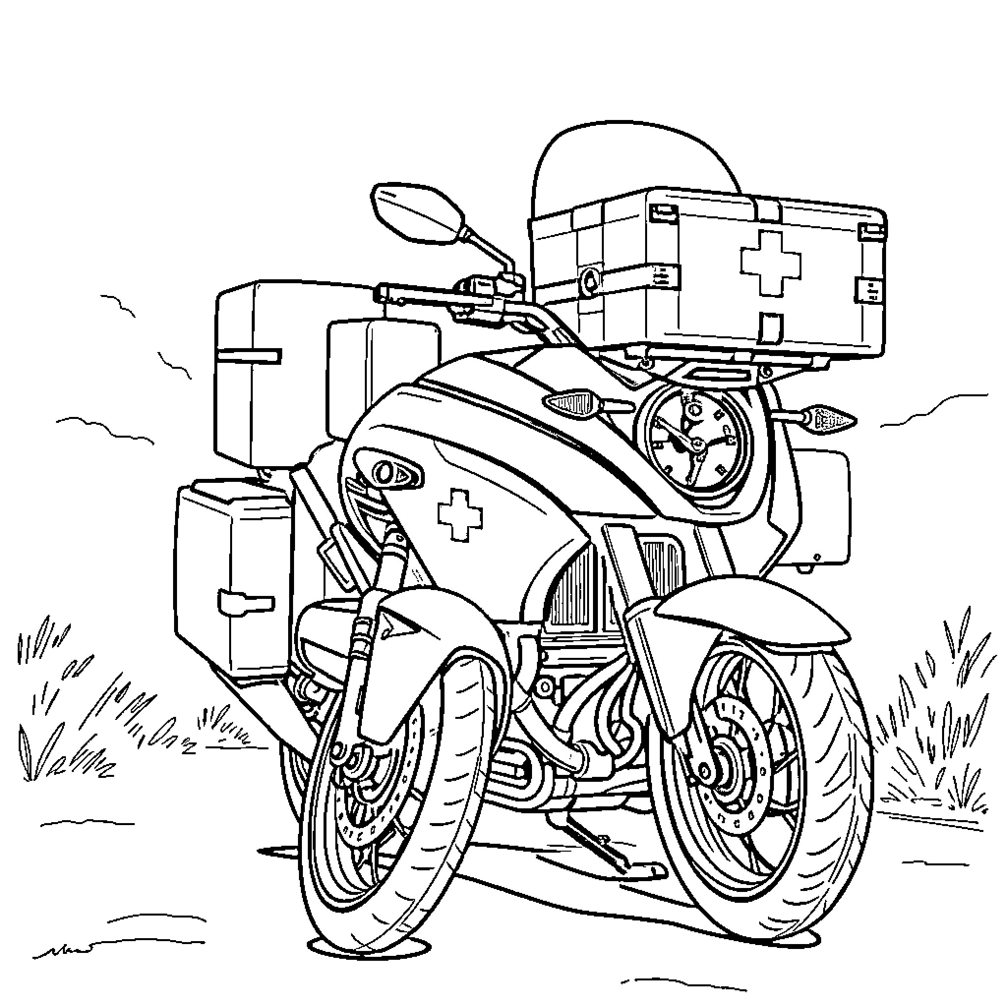 Blood Bike Equipped for Emergency Medical Response Coloring Page (free black-and-white line drawing printable PDF for all, from beginners to advanced learners, including children, teens, adults, and seniors)