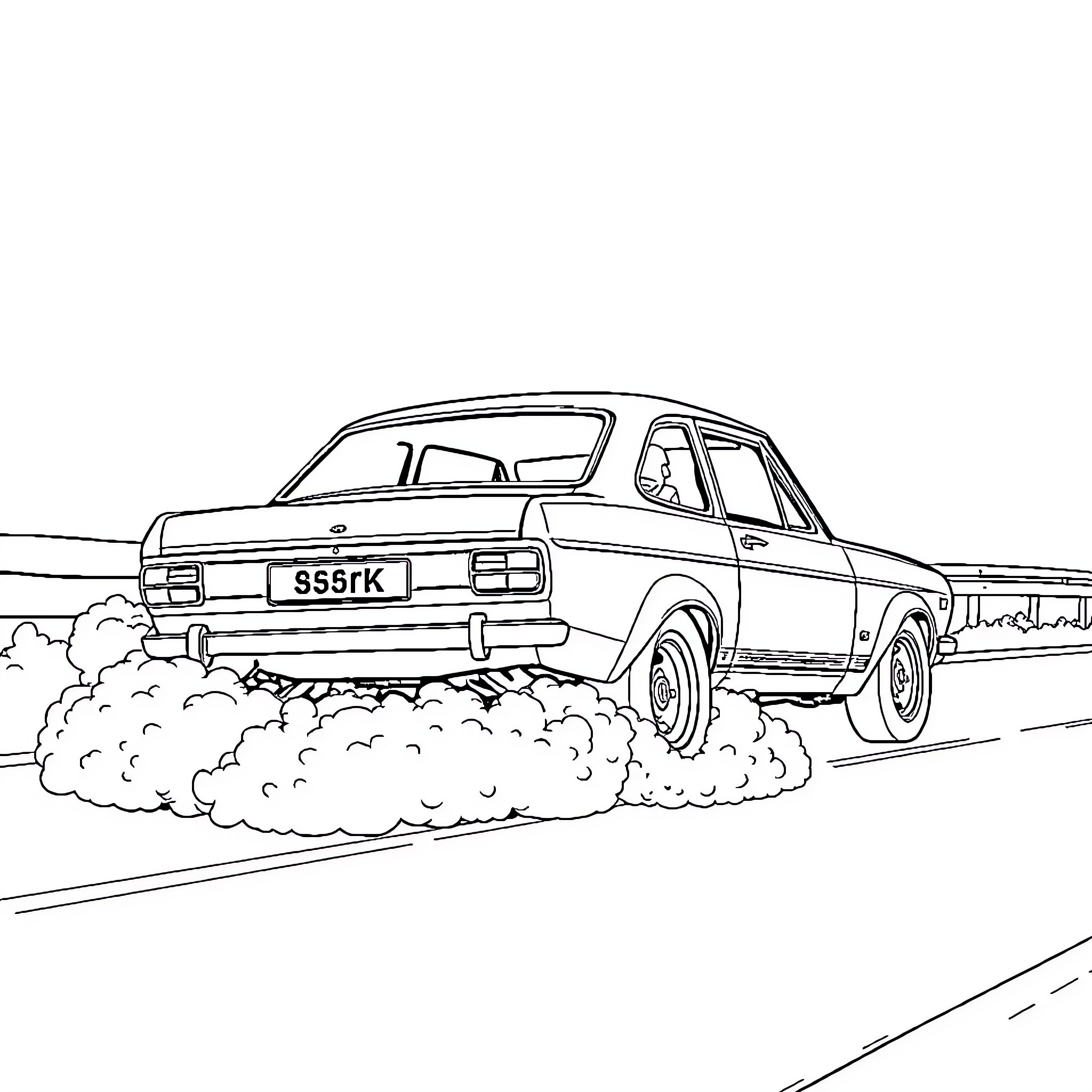 Ford Escort racing through the dirt Coloring Page (free black-and-white line drawing printable PDF for all, from beginners to advanced learners, including children, teens, adults, and seniors)