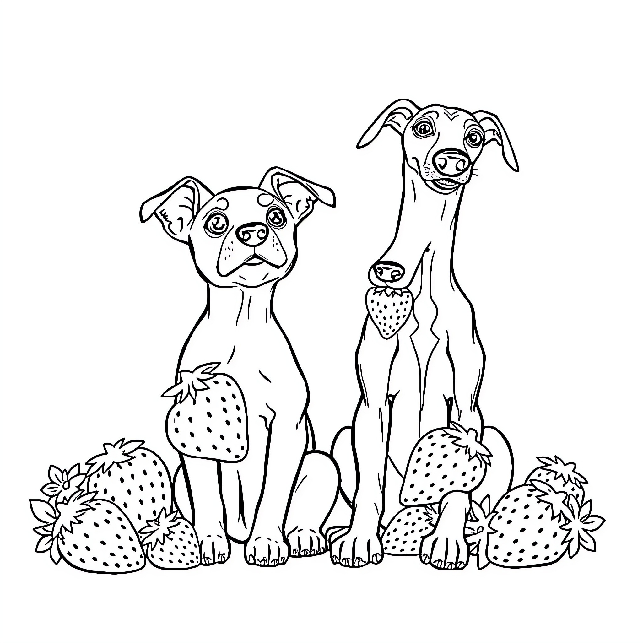 Dog friends exploring strawberry patch Coloring Page (free black-and-white line drawing printable PDF for all, from beginners to advanced learners, including children, teens, adults, and seniors)