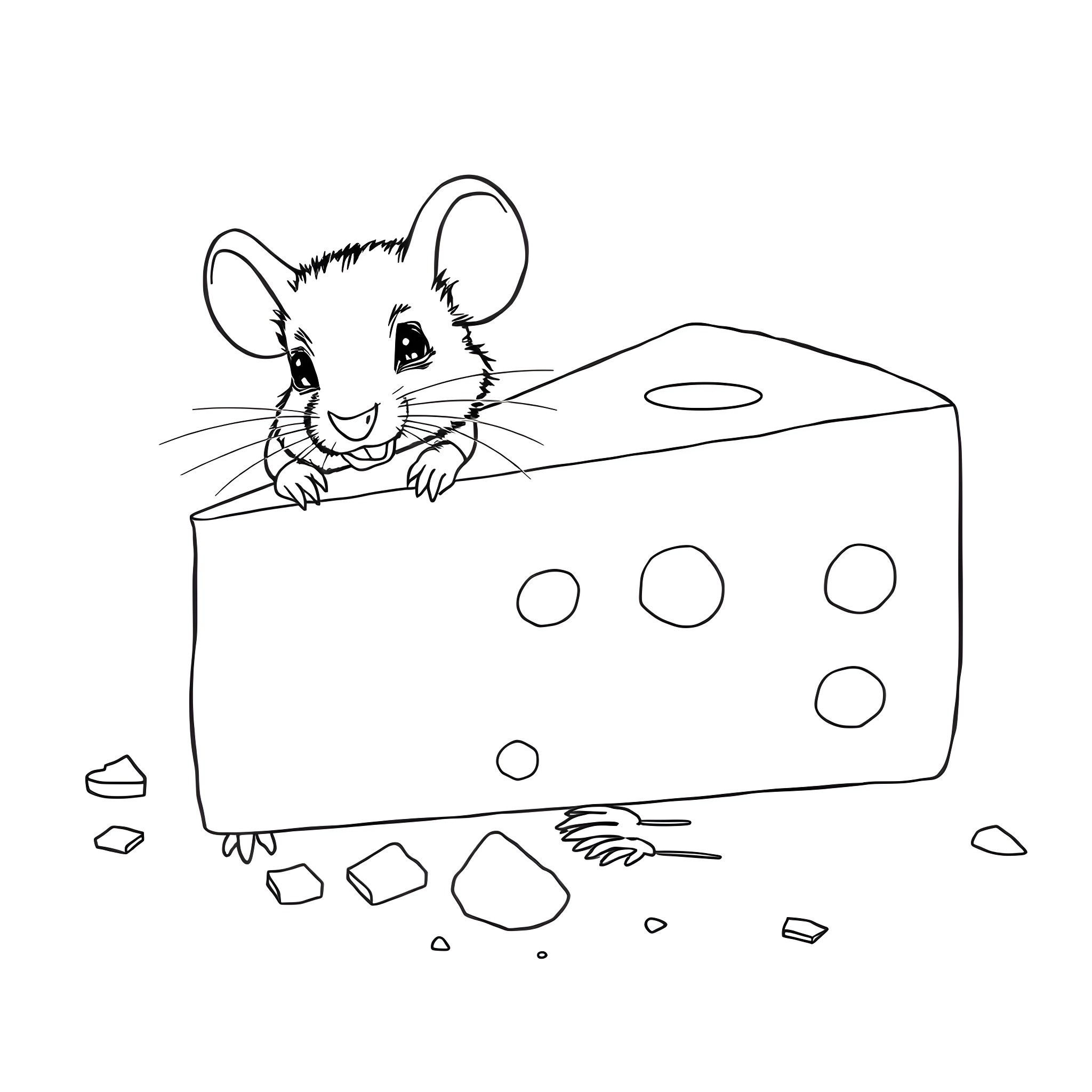 Mouse peeking out from cheese block Coloring Page (free black-and-white line drawing printable PDF for all, from beginners to advanced learners, including children, teens, adults, and seniors)