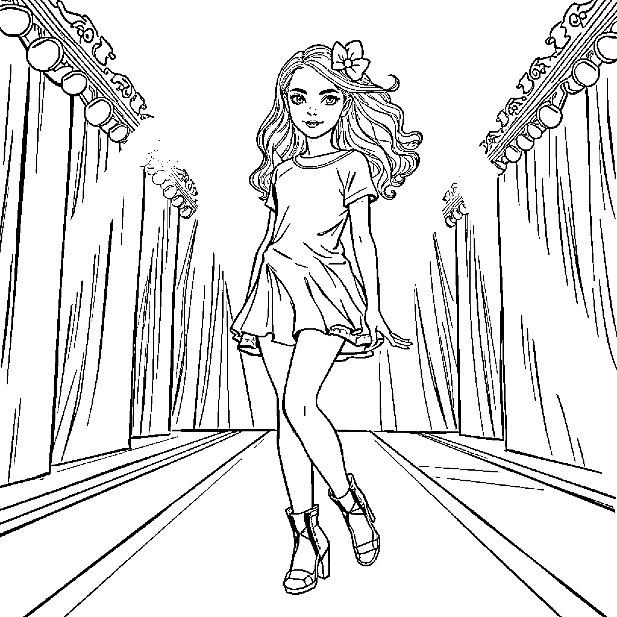Model wearing floral dress posing confidently on stage Coloring Page (free black-and-white line drawing printable PDF for all, from beginners to advanced learners, including children, teens, adults, and seniors)
