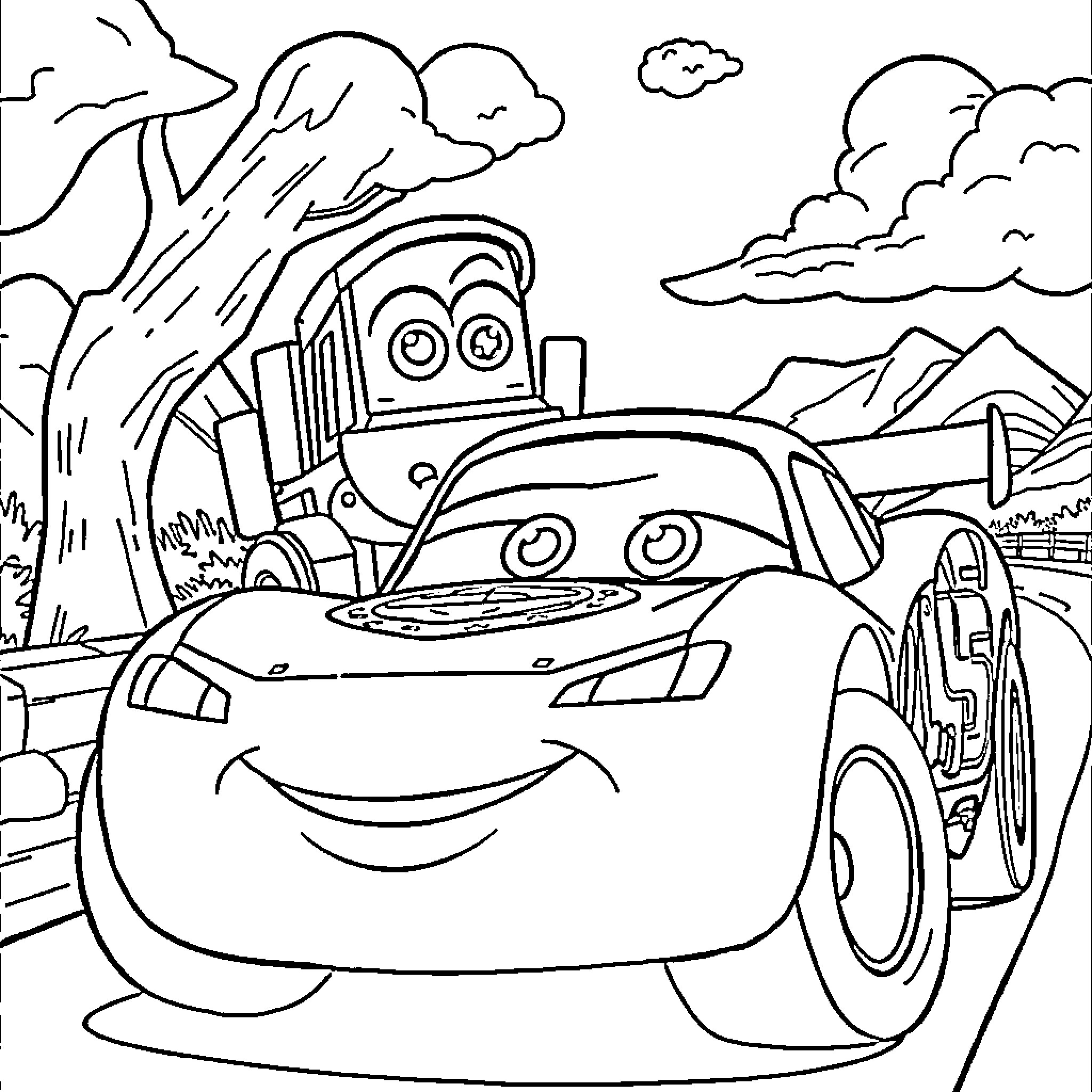 Mater's Outdoor Adventure Coloring Page (free black-and-white line drawing printable PDF for all, from beginners to advanced learners, including children, teens, adults, and seniors)