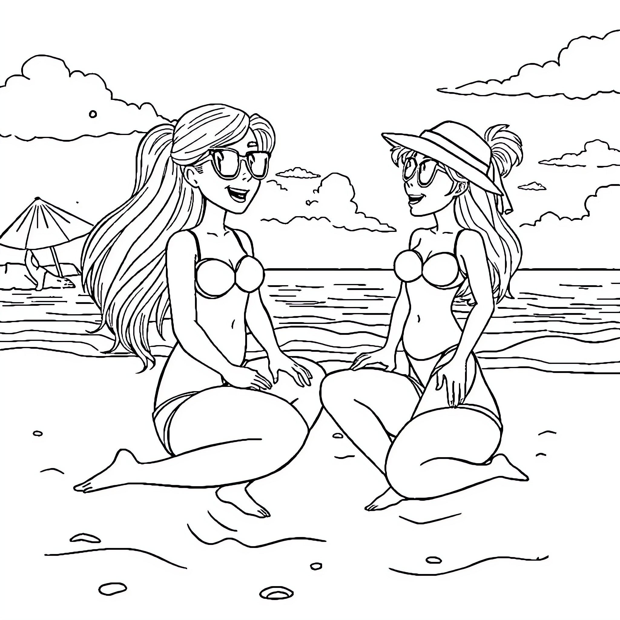 Gabby's Beachside Getaway with Friends Coloring Page (free black-and-white line drawing printable PDF for all, from beginners to advanced learners, including children, teens, adults, and seniors)
