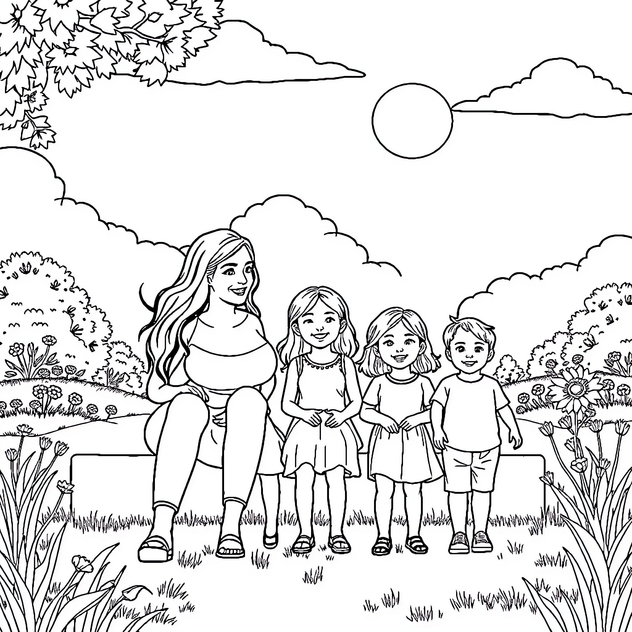 Mom and children enjoying nature's beauty Coloring Page (free black-and-white line drawing printable PDF for all, from beginners to advanced learners, including children, teens, adults, and seniors)