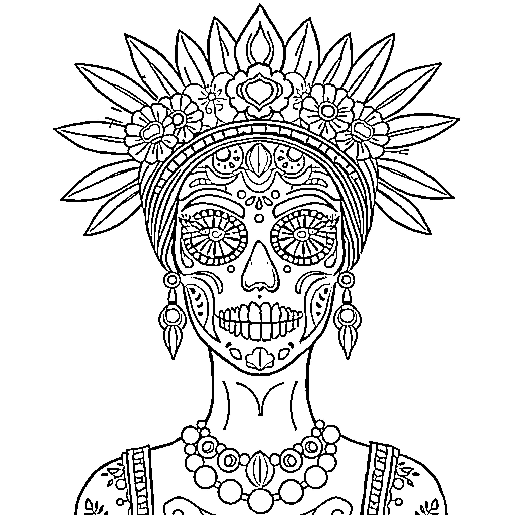 Goddess adorned with intricate floral headdress and decorative elements Coloring Page (free black-and-white line drawing printable PDF for all, from beginners to advanced learners, including children, teens, adults, and seniors)