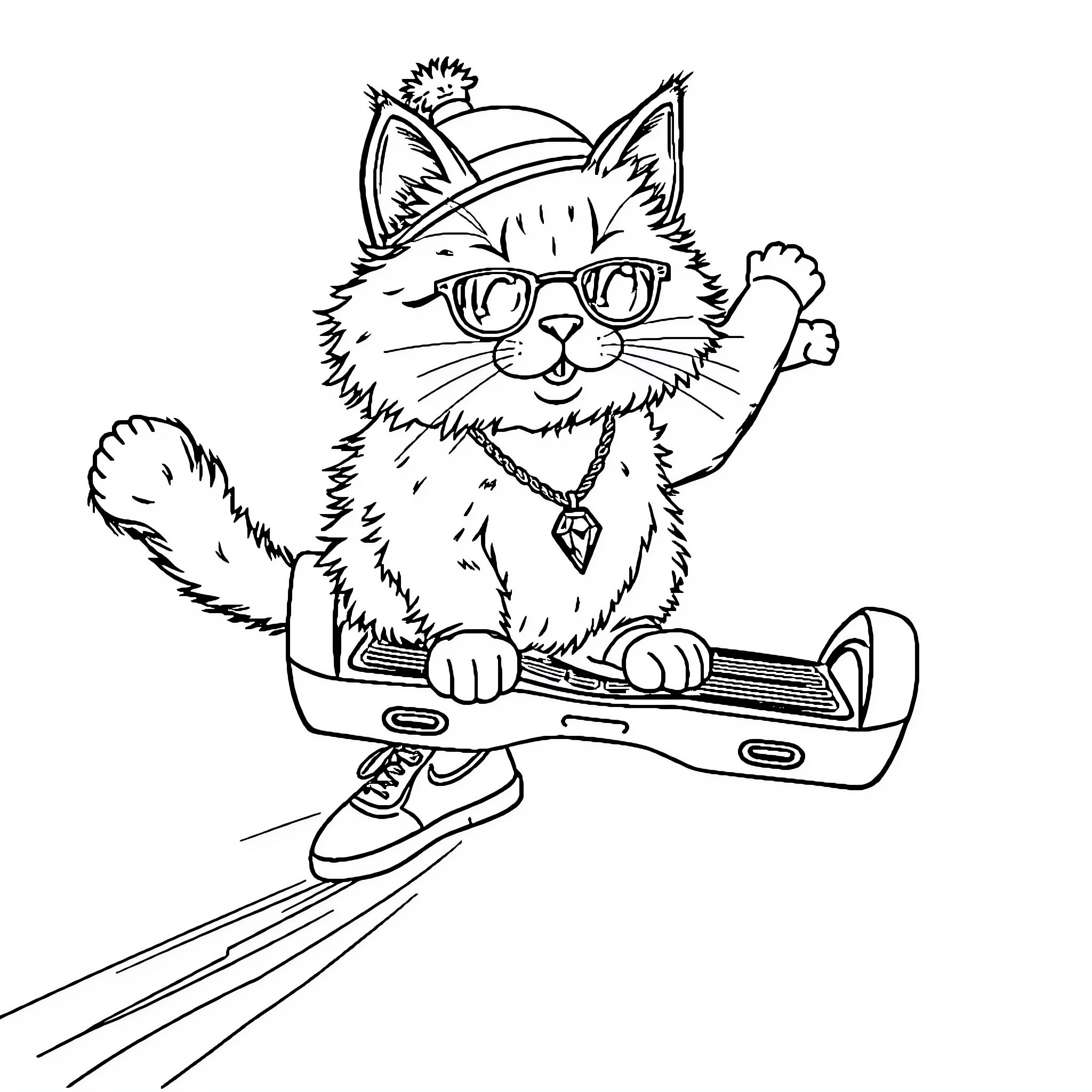 Cat riding a skateboard wearing sunglasses Coloring Page (free black-and-white line drawing printable PDF for all, from beginners to advanced learners, including children, teens, adults, and seniors)