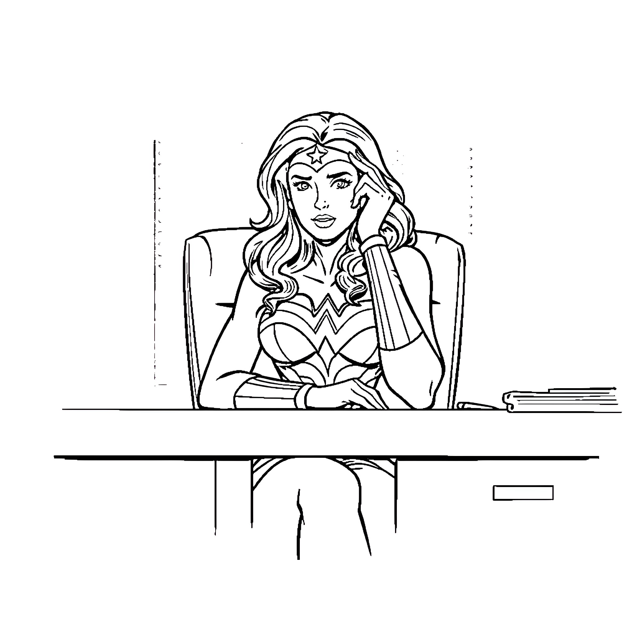 Wonder Woman Contemplating at Her Desk Coloring Page (free black-and-white line drawing printable PDF for all, from beginners to advanced learners, including children, teens, adults, and seniors)