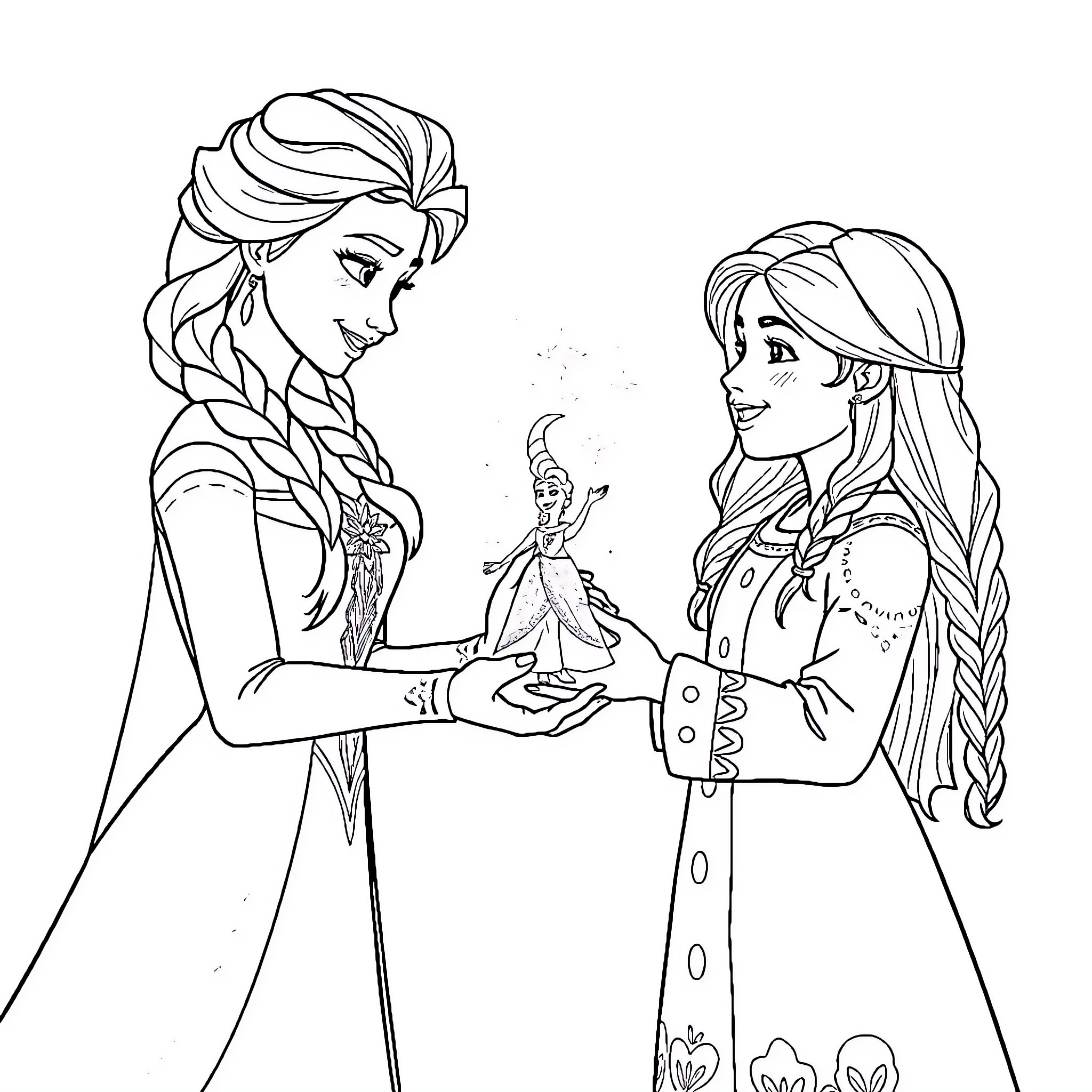 Elsa and Anna share a magical moment Coloring Page (free black-and-white line drawing printable PDF for all, from beginners to advanced learners, including children, teens, adults, and seniors)