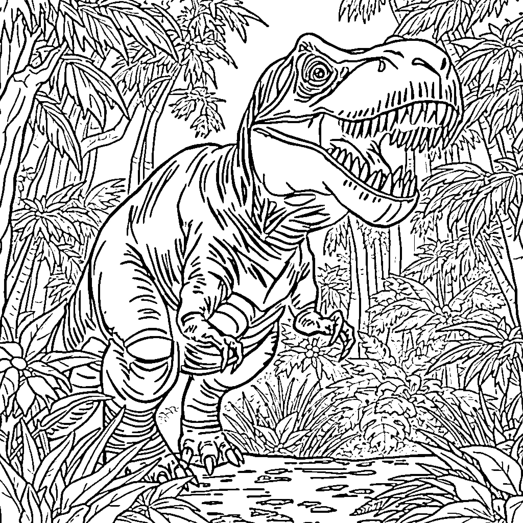 Dinosaur exploring the lush jungle landscape Coloring Page (free black-and-white line drawing printable PDF for all, from beginners to advanced learners, including children, teens, adults, and seniors)