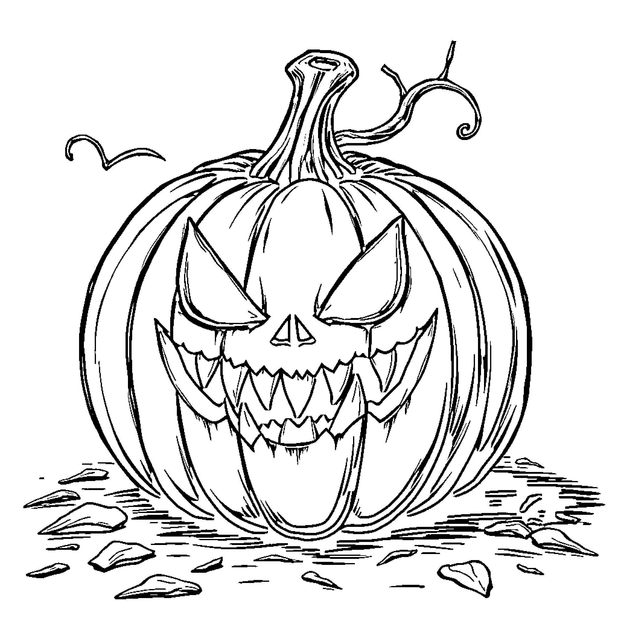 Pumpkin with a Menacing Expression Coloring Page (free black-and-white line drawing printable PDF for all, from beginners to advanced learners, including children, teens, adults, and seniors)