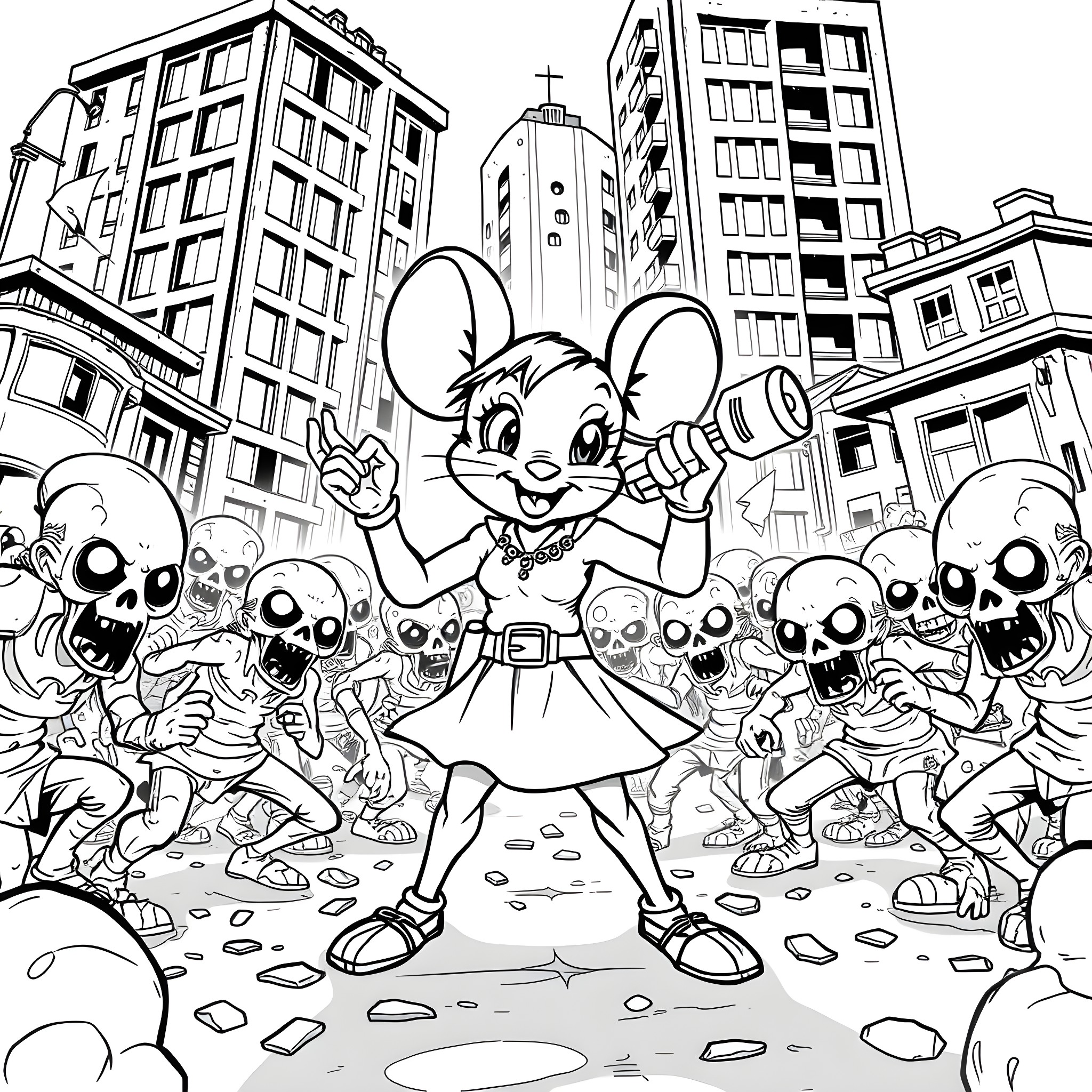 Mouse cheerfully leading a group of skeletons in the city Coloring Page (free black-and-white line drawing printable PDF for all, from beginners to advanced learners, including children, teens, adults, and seniors)
