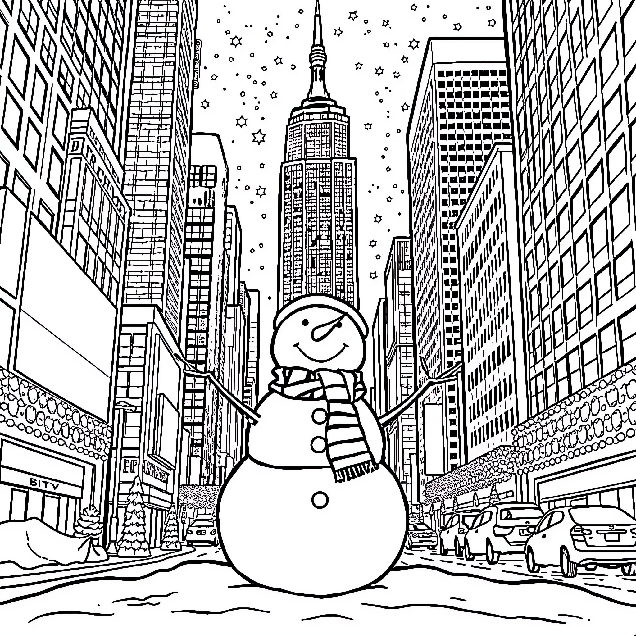Snowman exploring the snowy city skyline Coloring Page (free black-and-white line drawing printable PDF for all, from beginners to advanced learners, including children, teens, adults, and seniors)
