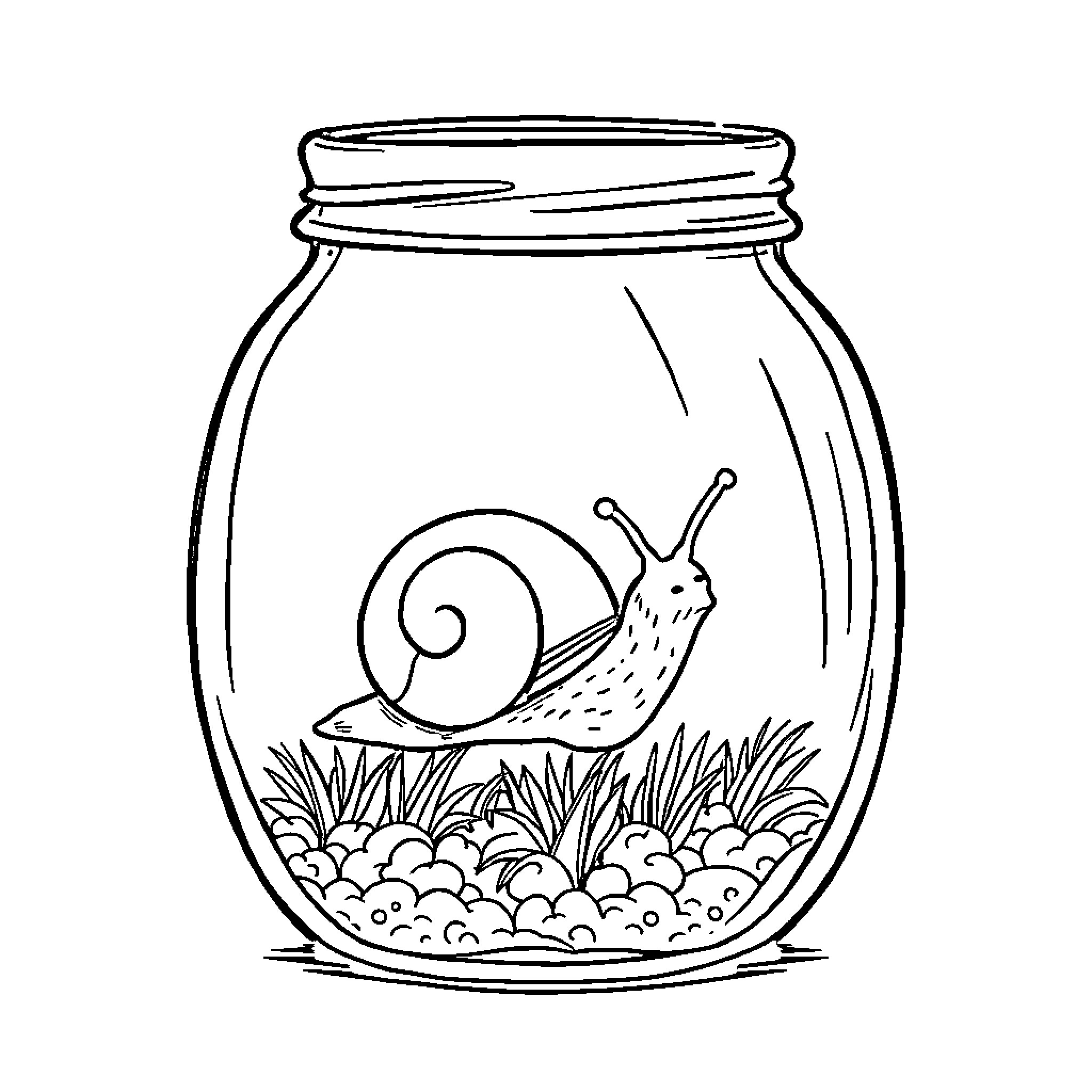 Snail resting peacefully in a glass jar Coloring Page (free black-and-white line drawing printable PDF for all, from beginners to advanced learners, including children, teens, adults, and seniors)
