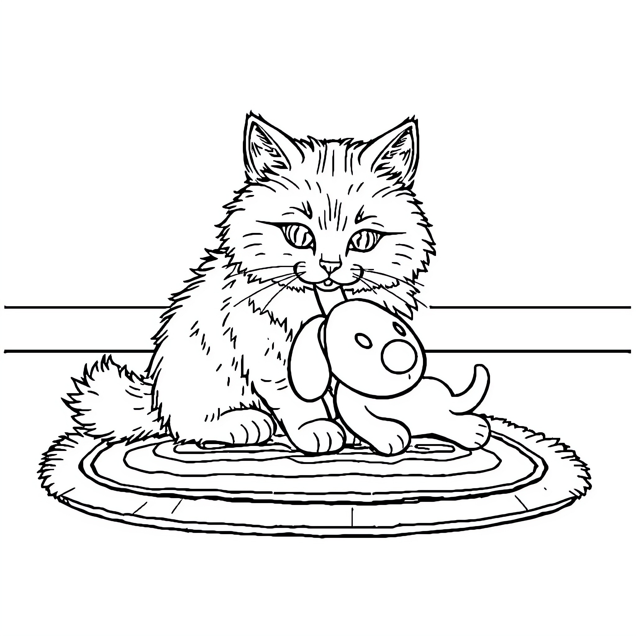 Cat snuggling with a plush toy Coloring Page (free black-and-white line drawing printable PDF for all, from beginners to advanced learners, including children, teens, adults, and seniors)