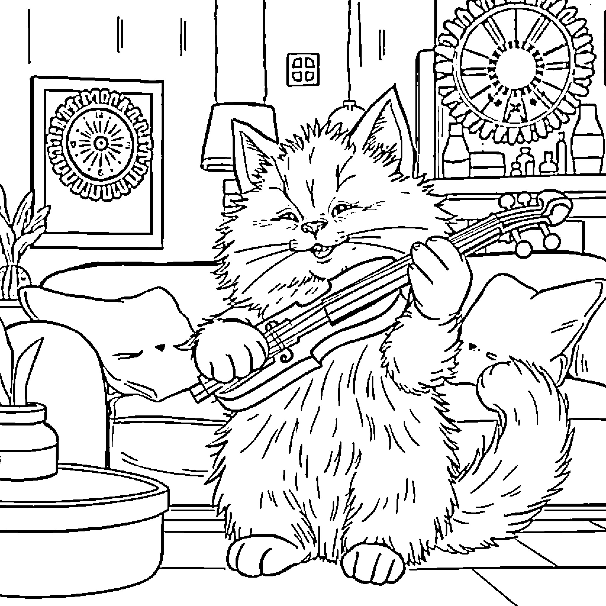 Cat relaxing peacefully in a cozy environment Coloring Page (free black-and-white line drawing printable PDF for all, from beginners to advanced learners, including children, teens, adults, and seniors)
