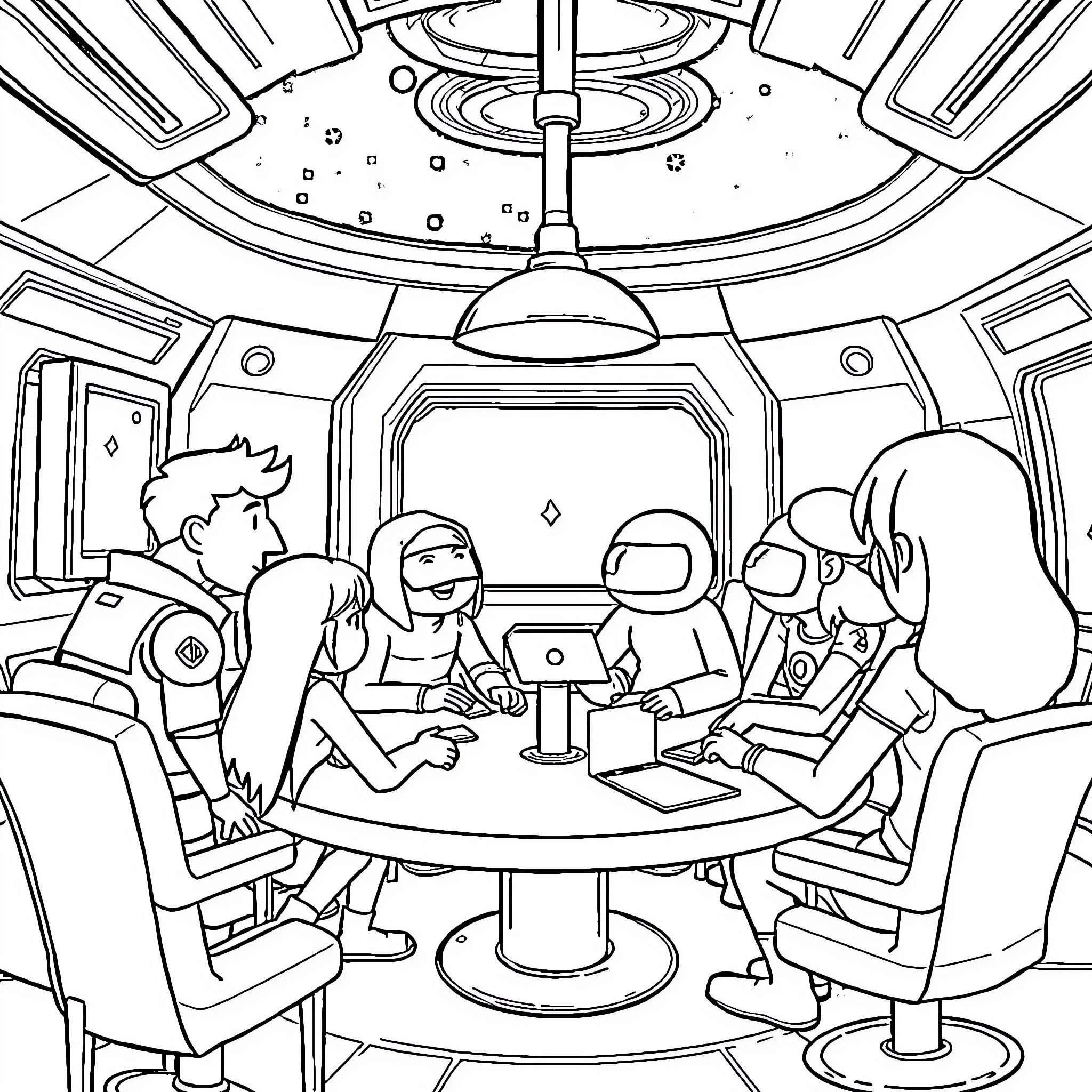 Among Us: Crew Members Gathered for a Meeting Coloring Page (free black-and-white line drawing printable PDF for all, from beginners to advanced learners, including children, teens, adults, and seniors)