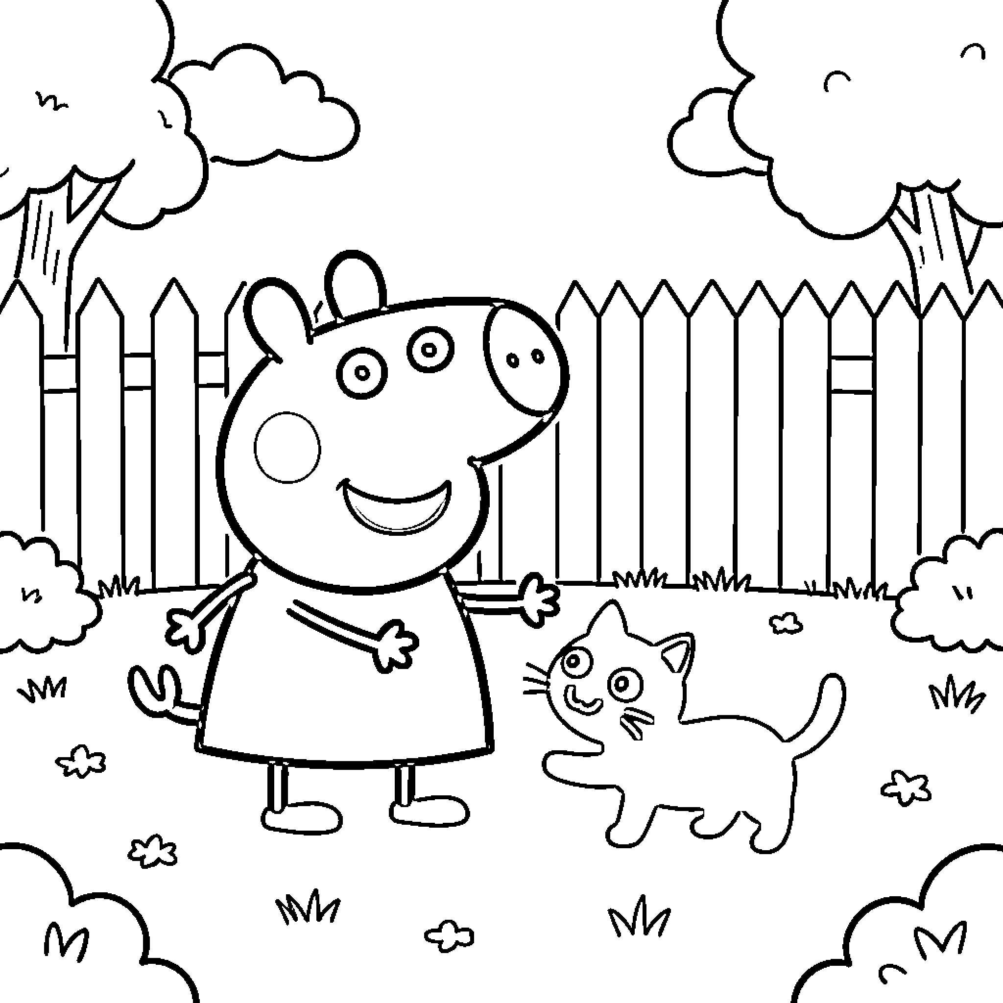 Peppa Pig smiling and playing with a small cat Coloring Page (free black-and-white line drawing printable PDF for all, from beginners to advanced learners, including children, teens, adults, and seniors)