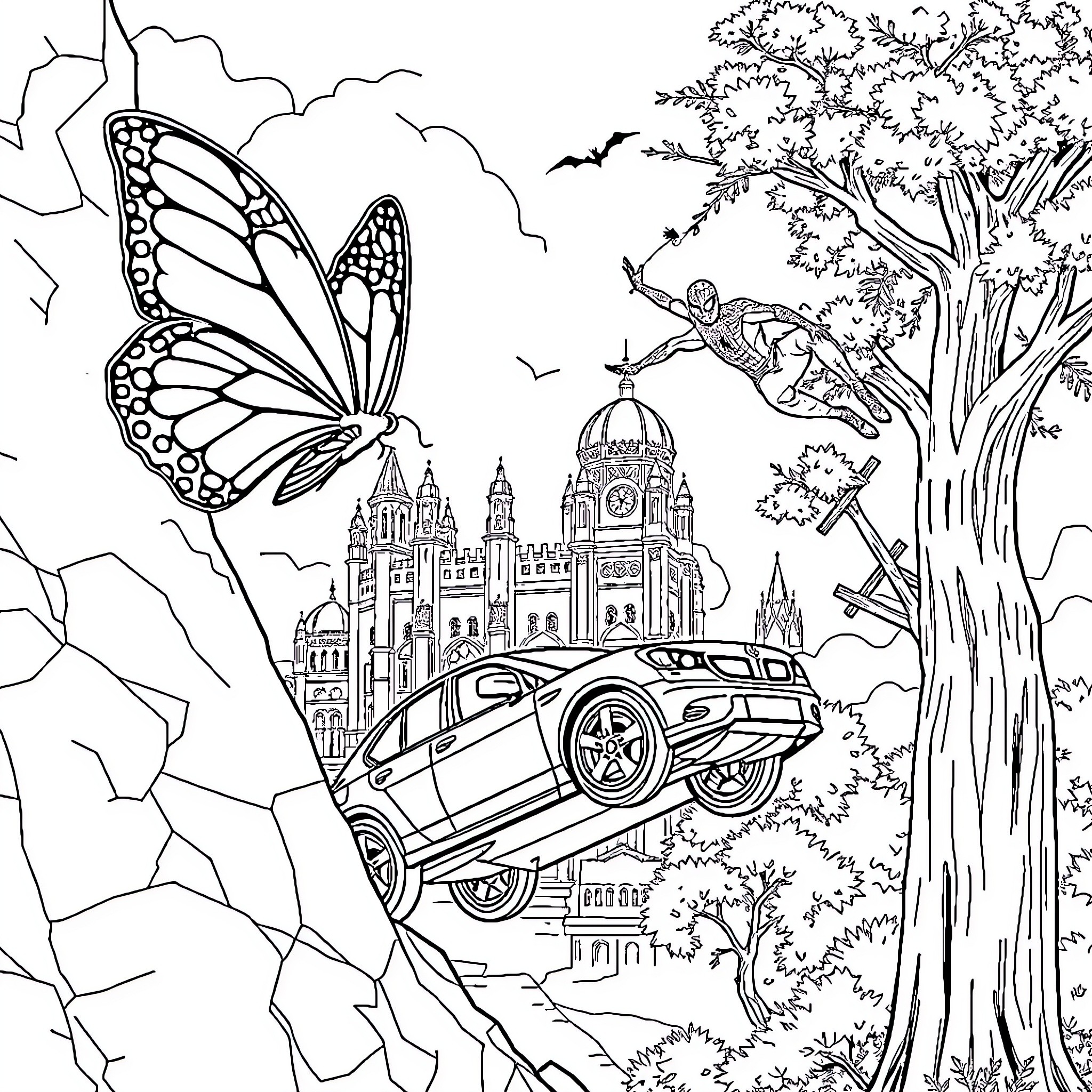 Butterfly in a fantastical landscape Coloring Page (free black-and-white line drawing printable PDF for all, from beginners to advanced learners, including children, teens, adults, and seniors)