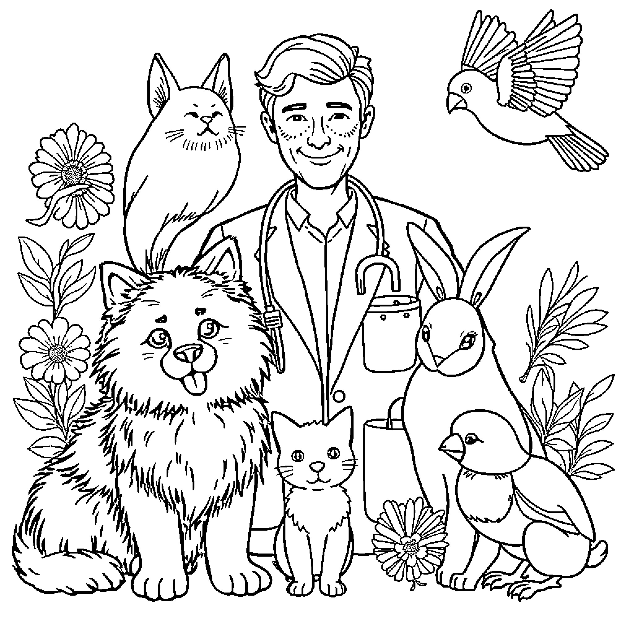 Vet caring for animals in the wild Coloring Page (free black-and-white line drawing printable PDF for all, from beginners to advanced learners, including children, teens, adults, and seniors)
