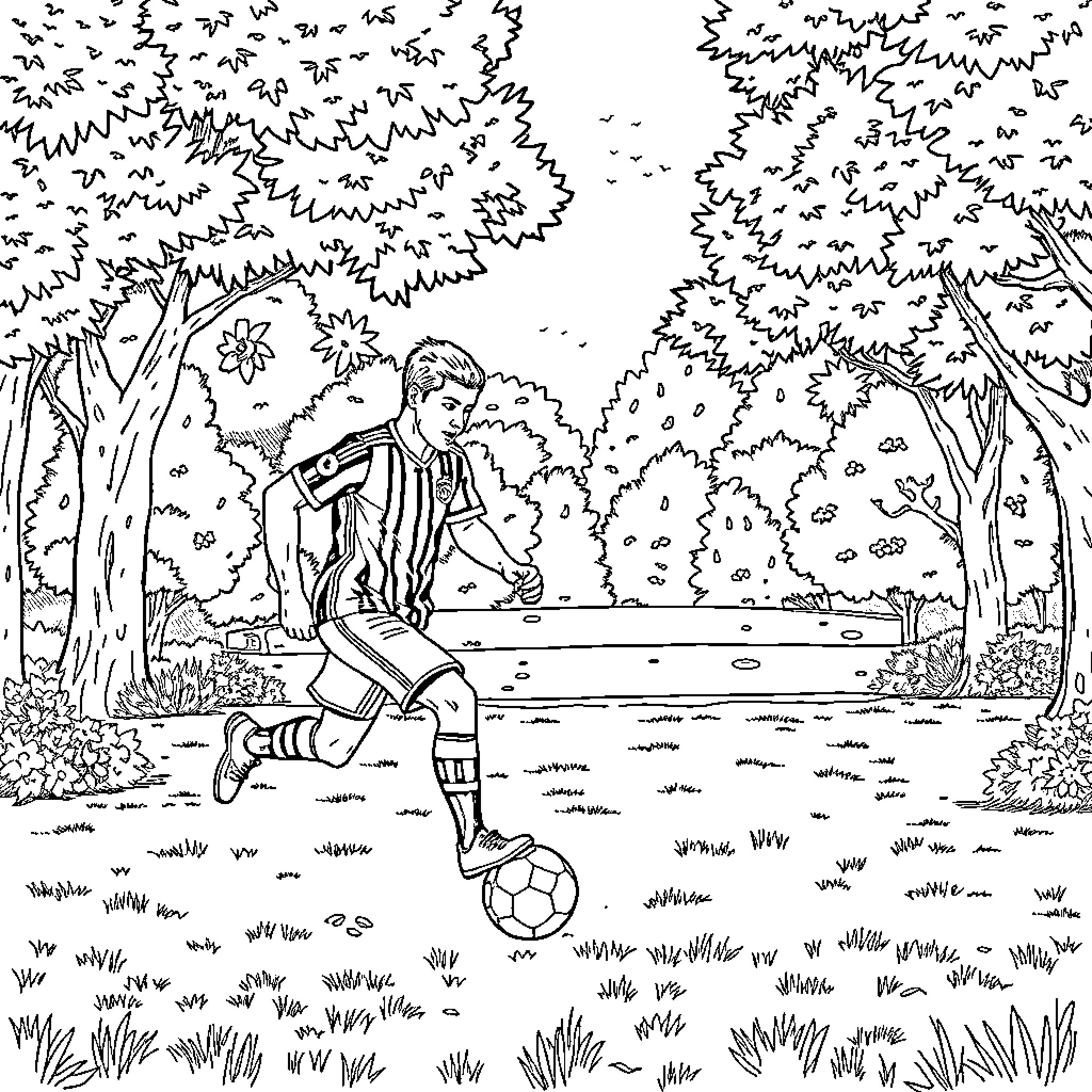 Weimaraner playing soccer in a serene forest scene Coloring Page (free black-and-white line drawing printable PDF for all, from beginners to advanced learners, including children, teens, adults, and seniors)