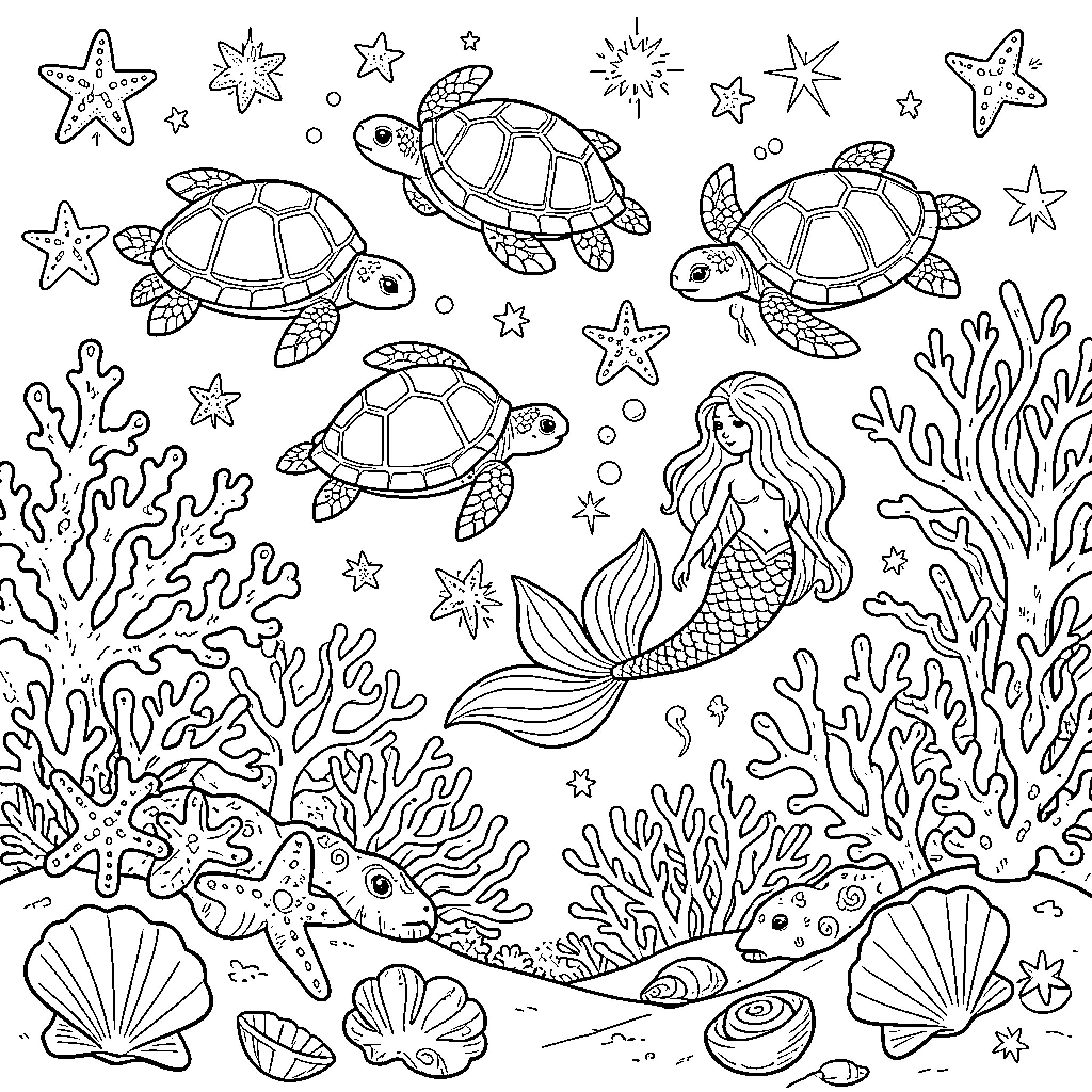 Sea creatures and mermaid in the underwater world Coloring Page (free black-and-white line drawing printable PDF for all, from beginners to advanced learners, including children, teens, adults, and seniors)