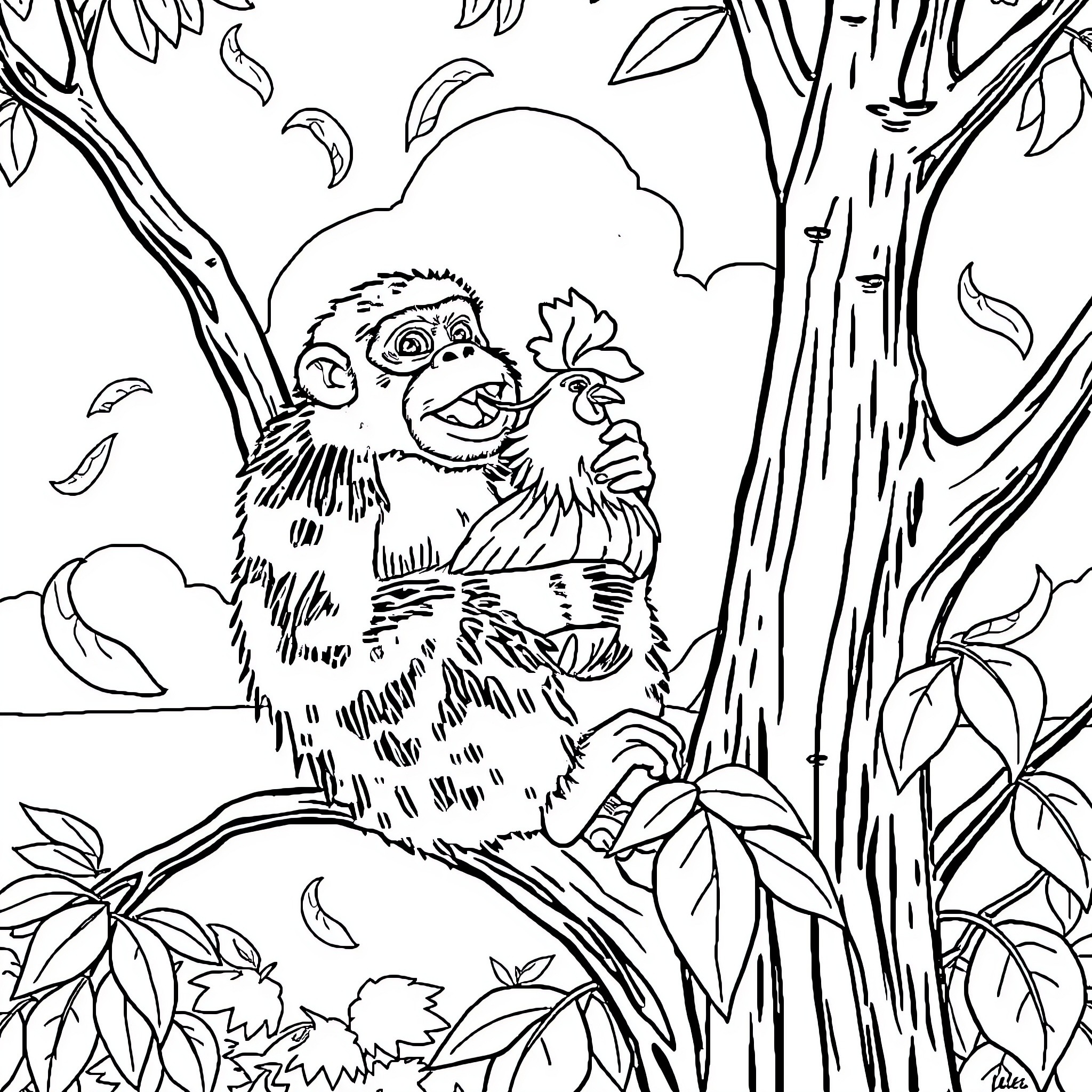 Monkey enjoying nature in the forest Coloring Page (free black-and-white line drawing printable PDF for all, from beginners to advanced learners, including children, teens, adults, and seniors)