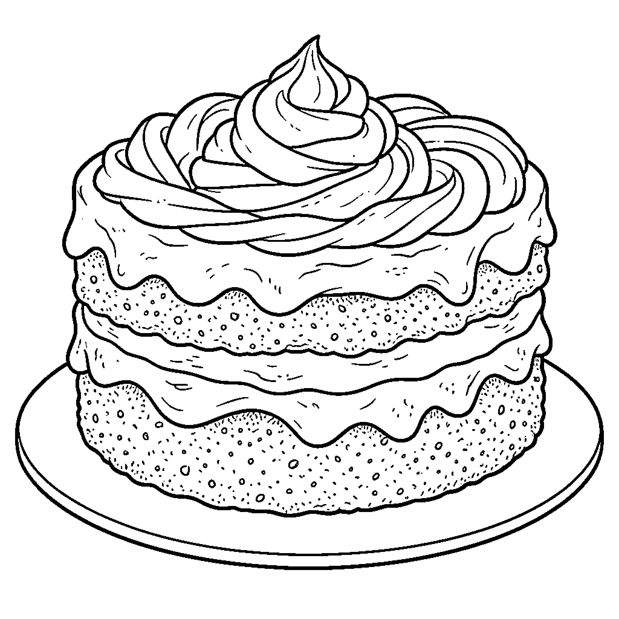 Torte layered with thick frosting on a plate Coloring Page (free black-and-white line drawing printable PDF for all, from beginners to advanced learners, including children, teens, adults, and seniors)