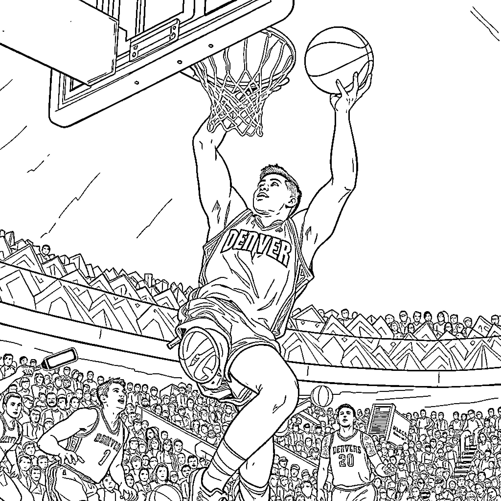 Aaron Gordon Slam Dunking in Basketball Game Coloring Page (free black-and-white line drawing printable PDF for all, from beginners to advanced learners, including children, teens, adults, and seniors)