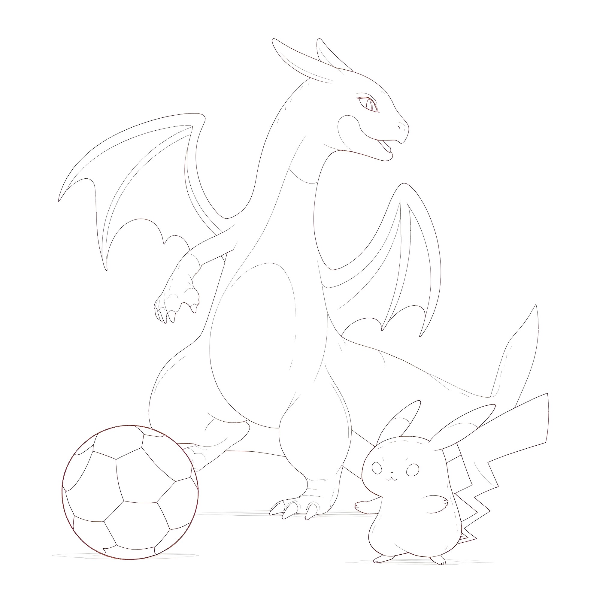 Charizard, Pikachu, and a Soccer Ball Coloring Page (free black-and-white line drawing printable PDF for all, from beginners to advanced learners, including children, teens, adults, and seniors)