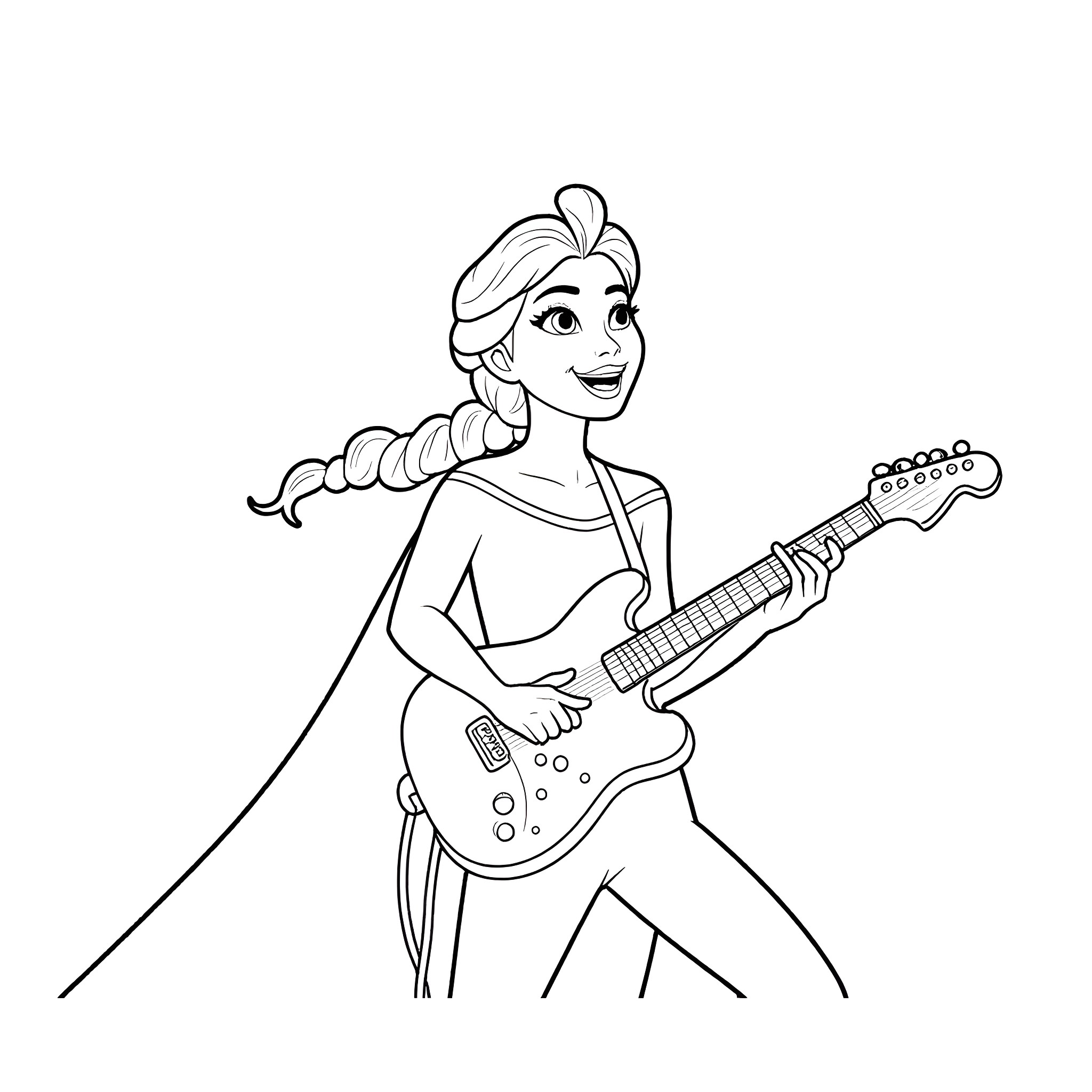 Elsa rocking out with her electric guitar Coloring Page (free black-and-white line drawing printable PDF for all, from beginners to advanced learners, including children, teens, adults, and seniors)