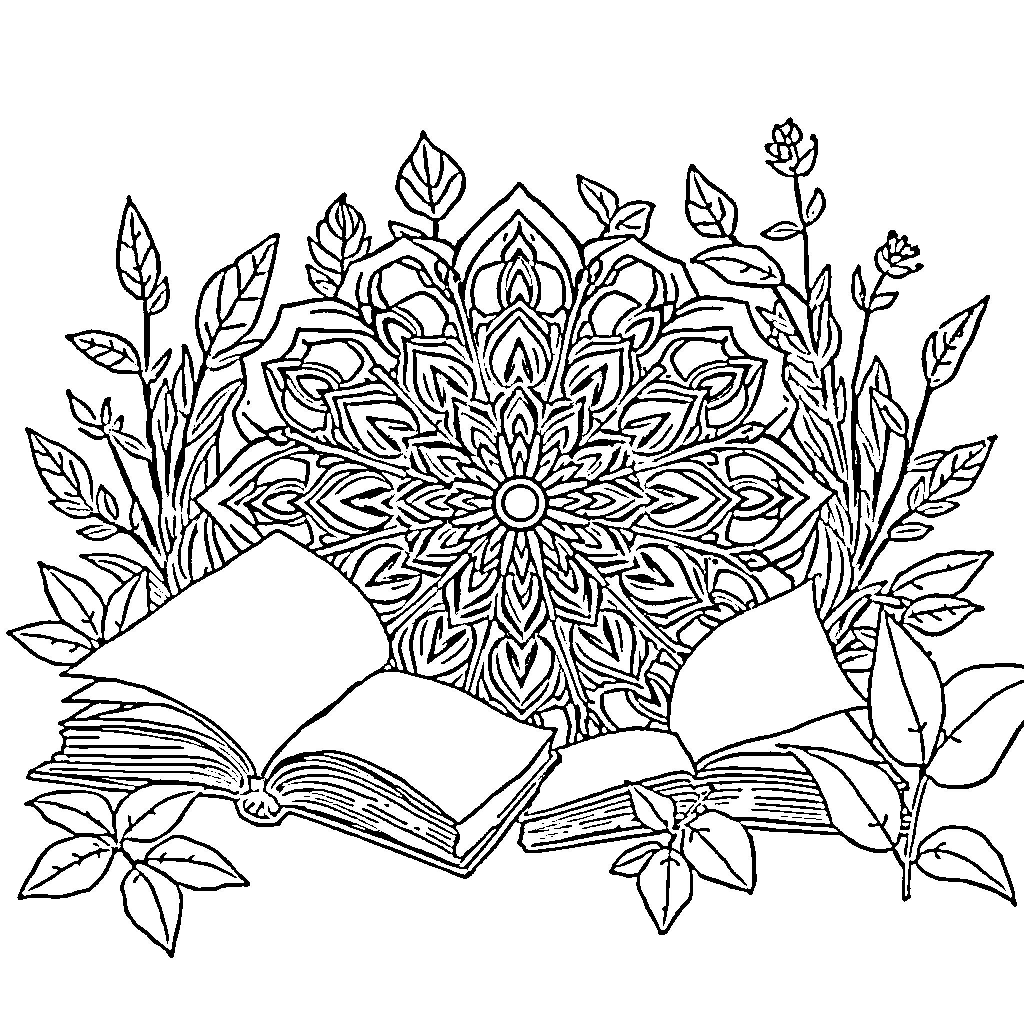 Mandala of Blossoming Books and Plants Coloring Page (free black-and-white line drawing printable PDF for all, from beginners to advanced learners, including children, teens, adults, and seniors)