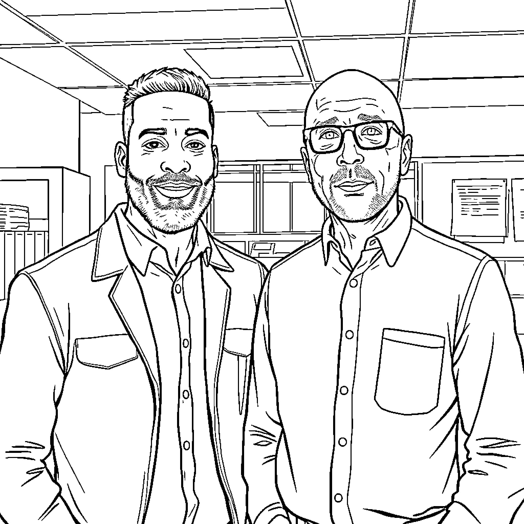 Men in formal attire stand in an office setting Coloring Page (free black-and-white line drawing printable PDF for all, from beginners to advanced learners, including children, teens, adults, and seniors)