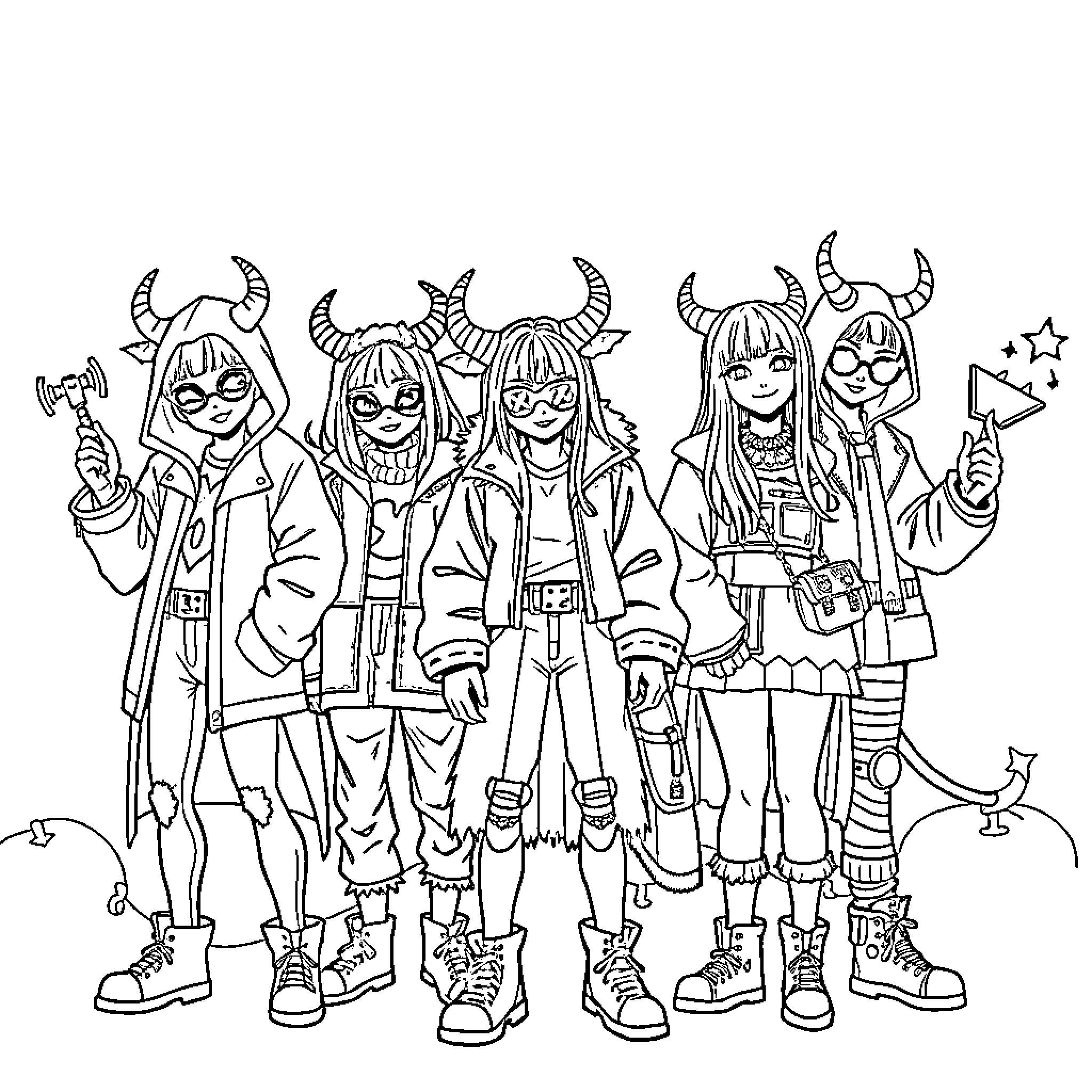 Demon Hunter Squad Preparing for Battle Coloring Page (free black-and-white line drawing printable PDF for all, from beginners to advanced learners, including children, teens, adults, and seniors)