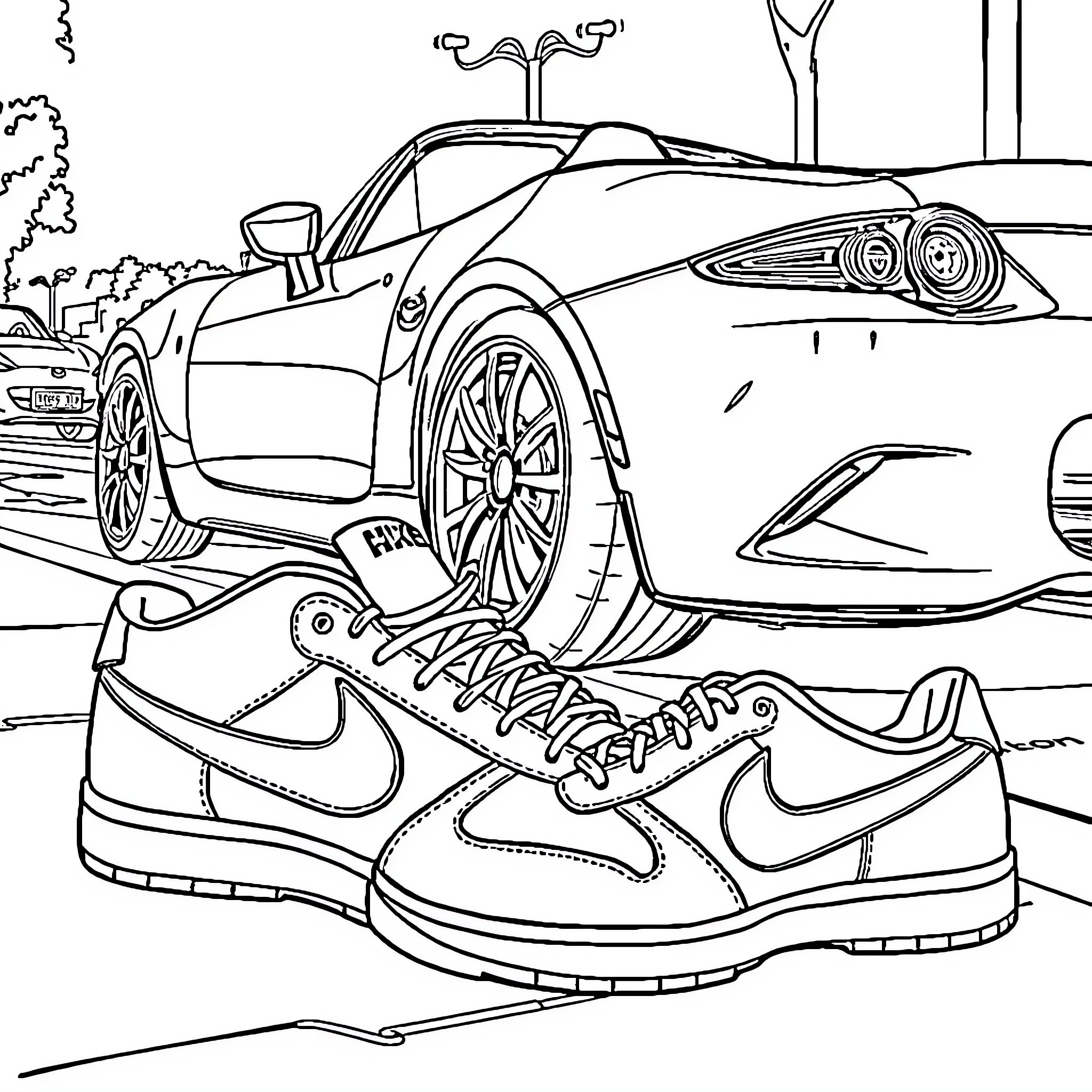 Shoe fashion with sport car in the background Coloring Page (free black-and-white line drawing printable PDF for all, from beginners to advanced learners, including children, teens, adults, and seniors)