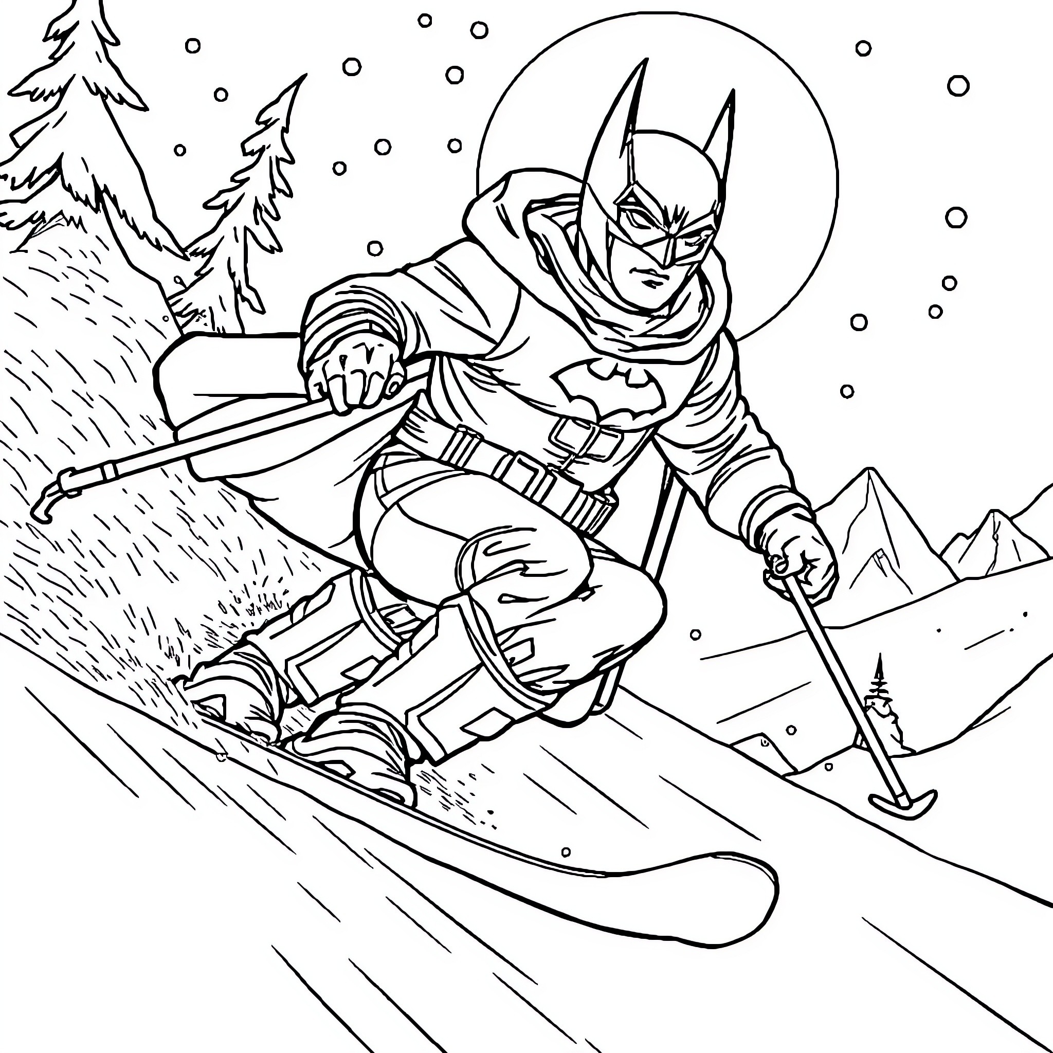 Batman skiing down the snowy mountain Coloring Page (free black-and-white line drawing printable PDF for all, from beginners to advanced learners, including children, teens, adults, and seniors)
