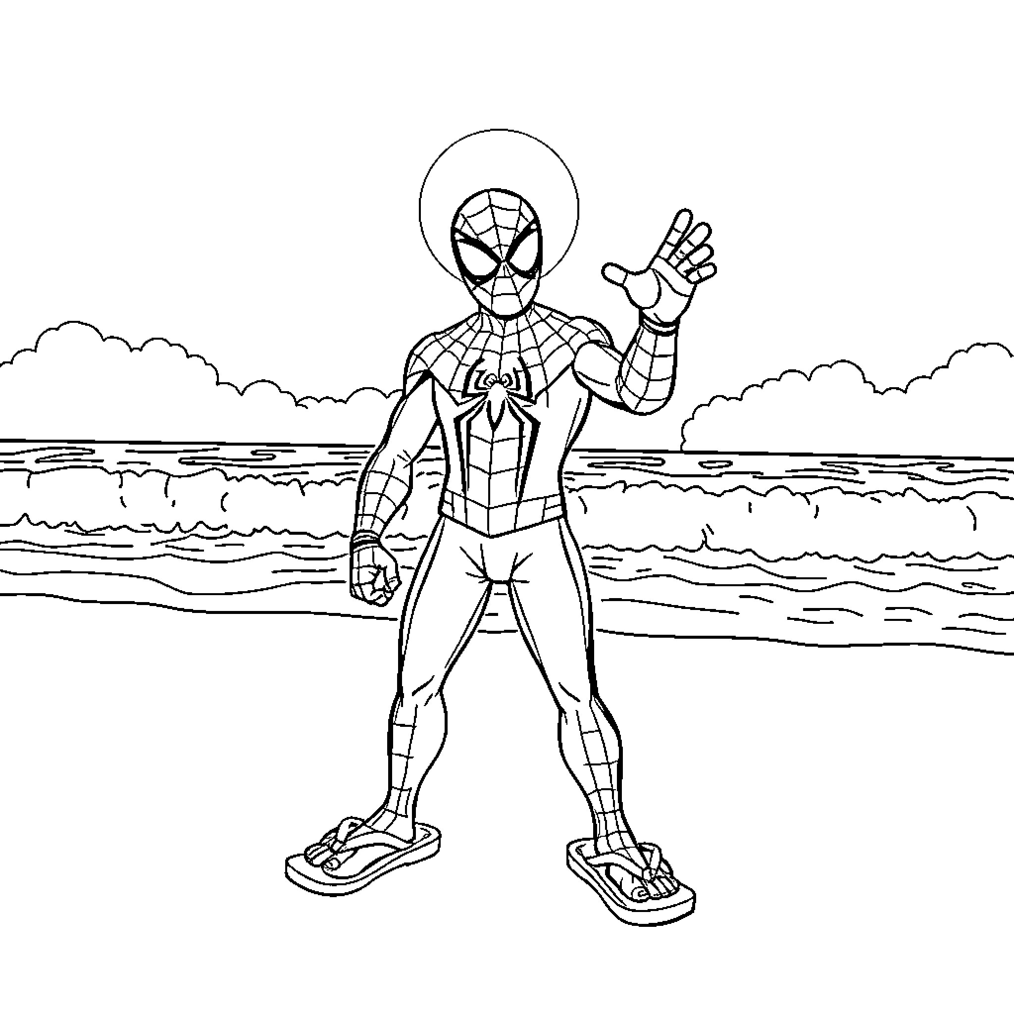Spiderman poses heroically on the beach Coloring Page (free black-and-white line drawing printable PDF for all, from beginners to advanced learners, including children, teens, adults, and seniors)