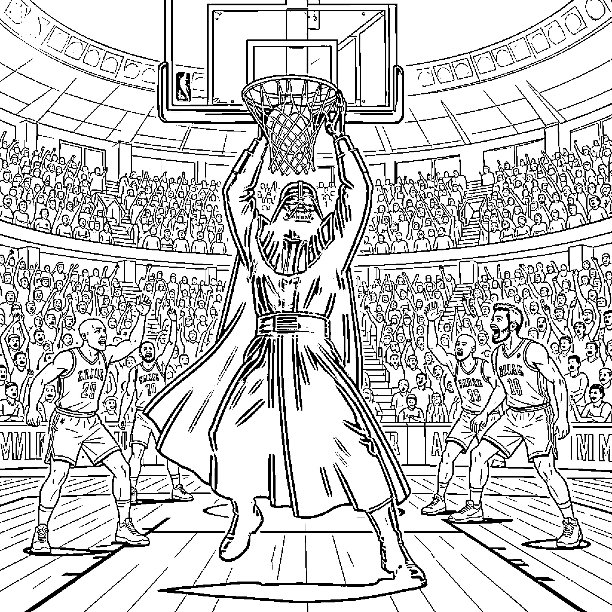 Darth Vader dunking a basketball in a crowded arena Coloring Page (free black-and-white line drawing printable PDF for all, from beginners to advanced learners, including children, teens, adults, and seniors)