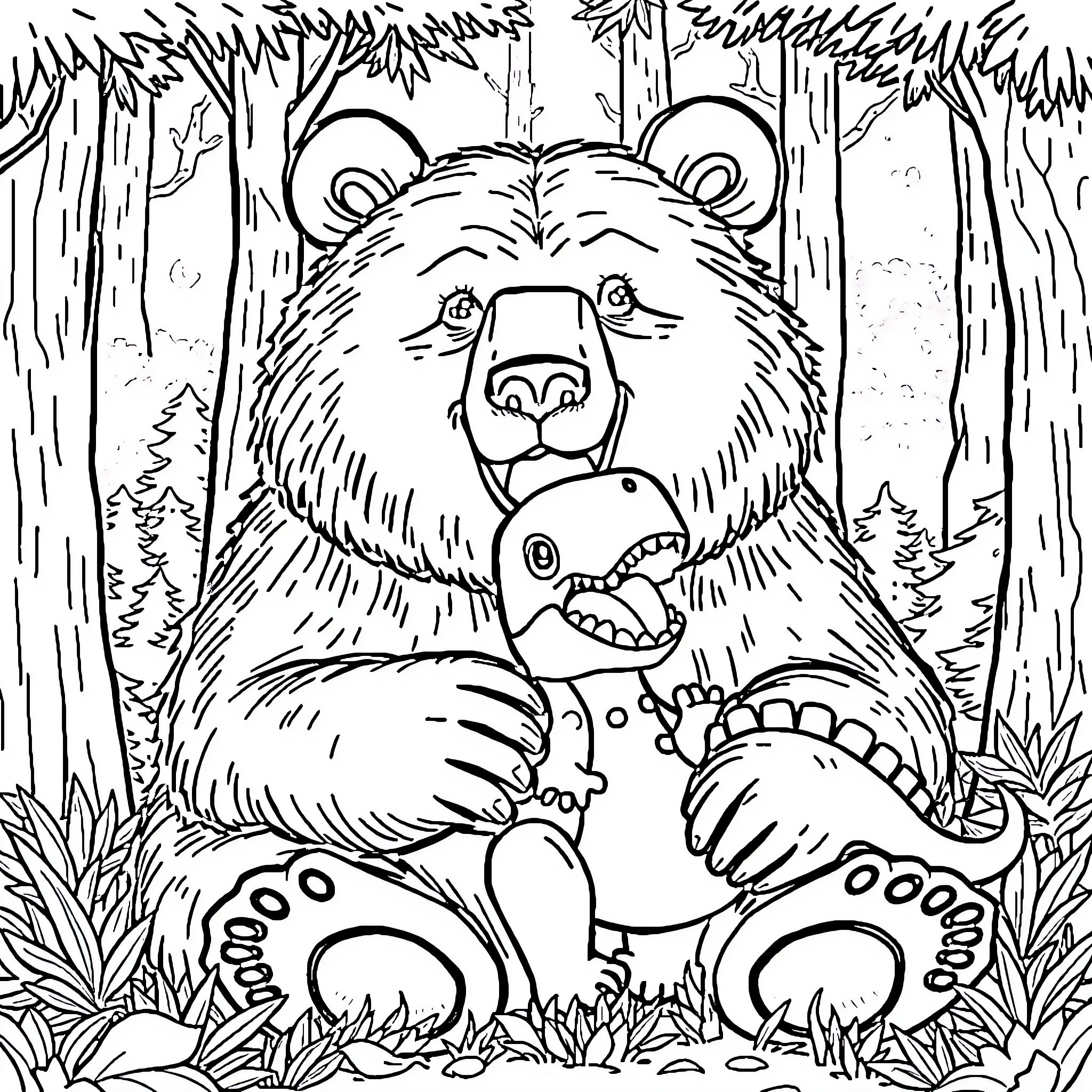Bear Playing Playfully with Toy in Forest Coloring Page (free black-and-white line drawing printable PDF for all, from beginners to advanced learners, including children, teens, adults, and seniors)