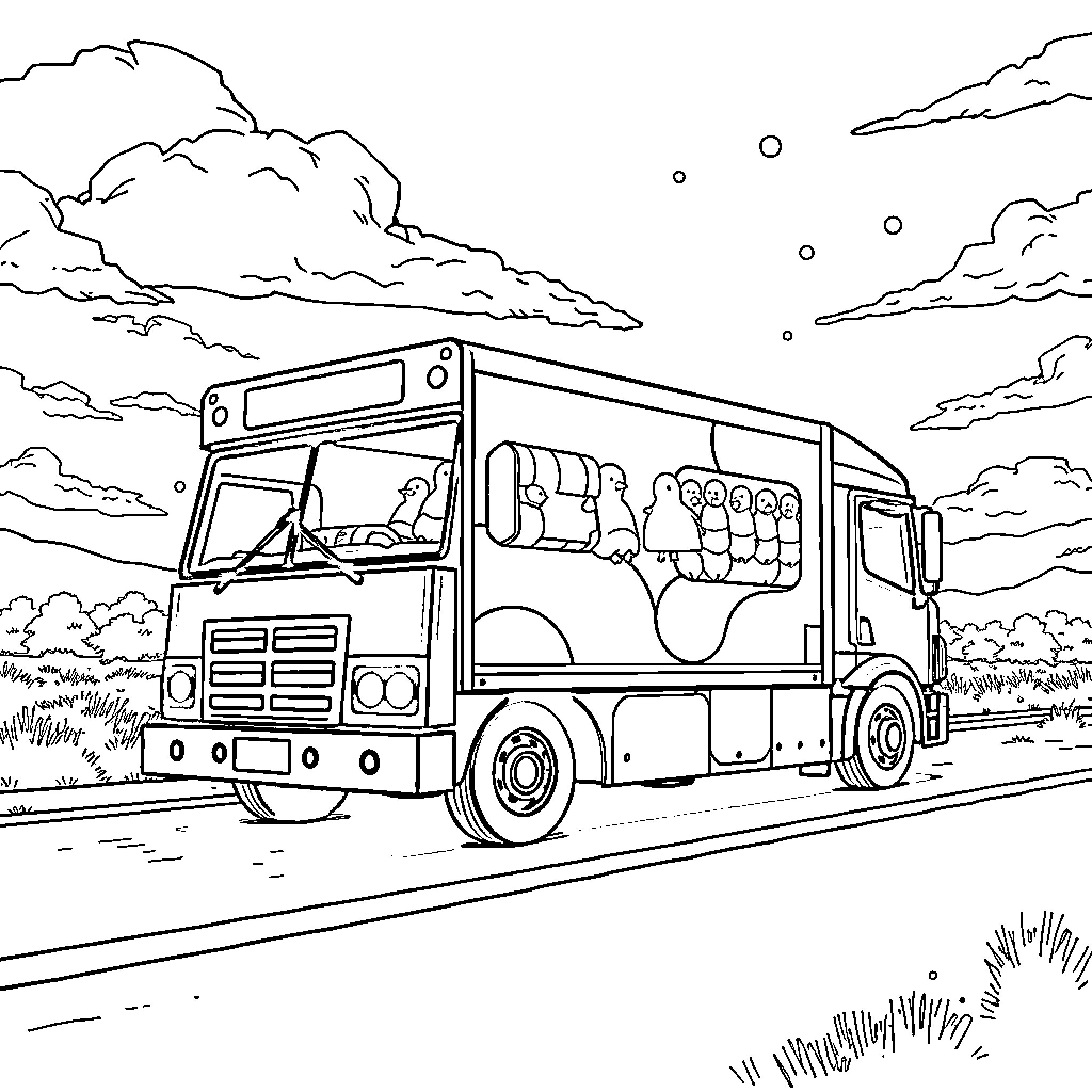 Camion Poubelle transporting waste on the road Coloring Page (free black-and-white line drawing printable PDF for all, from beginners to advanced learners, including children, teens, adults, and seniors)